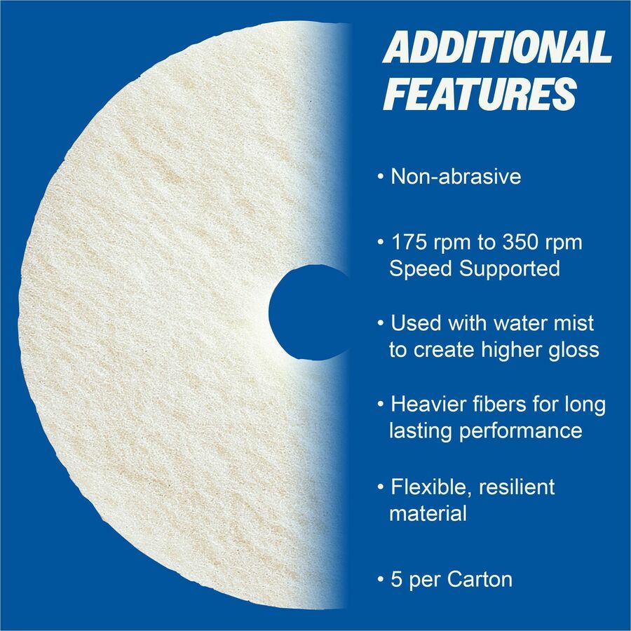 Genuine Joe Polishing Floor Pad - 20" Diameter x 1" Thickness - Polishing, Floor - 175 rpm to 350 rpm Speed Supported - Resilient, Flexible, Dirt Remover, Soft, Non-abrasive, Long Lasting - Fiber, Resin - White - 5 / Carton