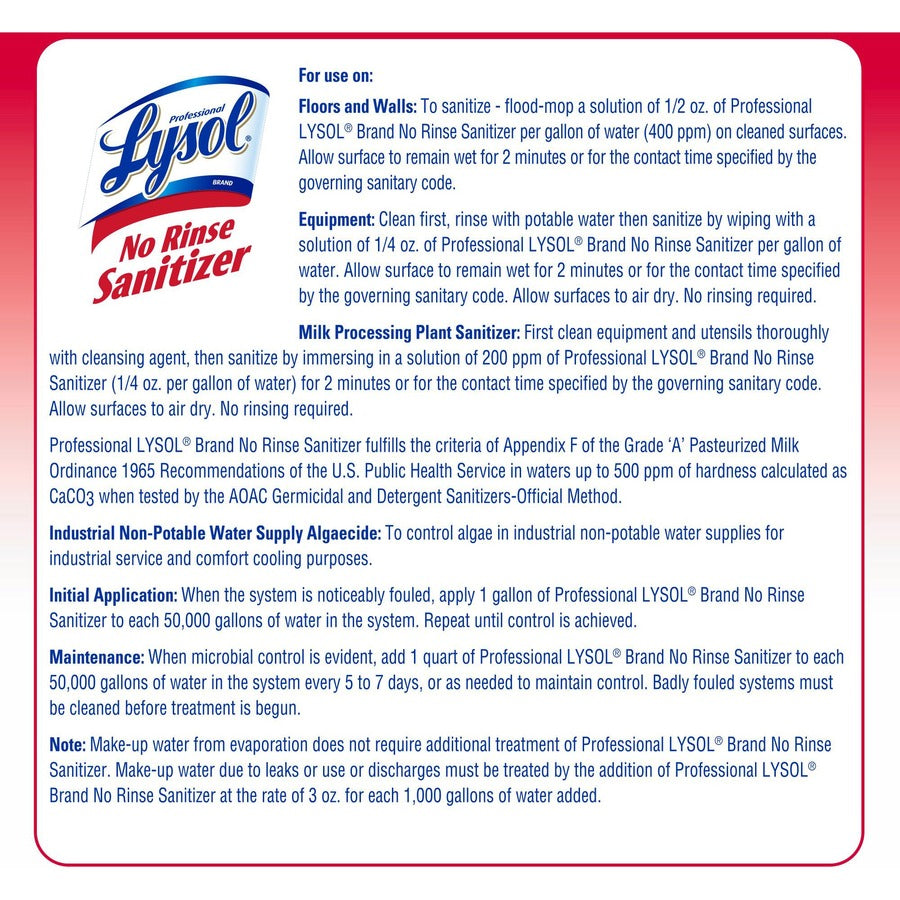 Professional Lysol No Rinse Sanitizer - Concentrate - 128 fl oz (4 quart) - Disinfectant, Anti-bacterial - 1 Each