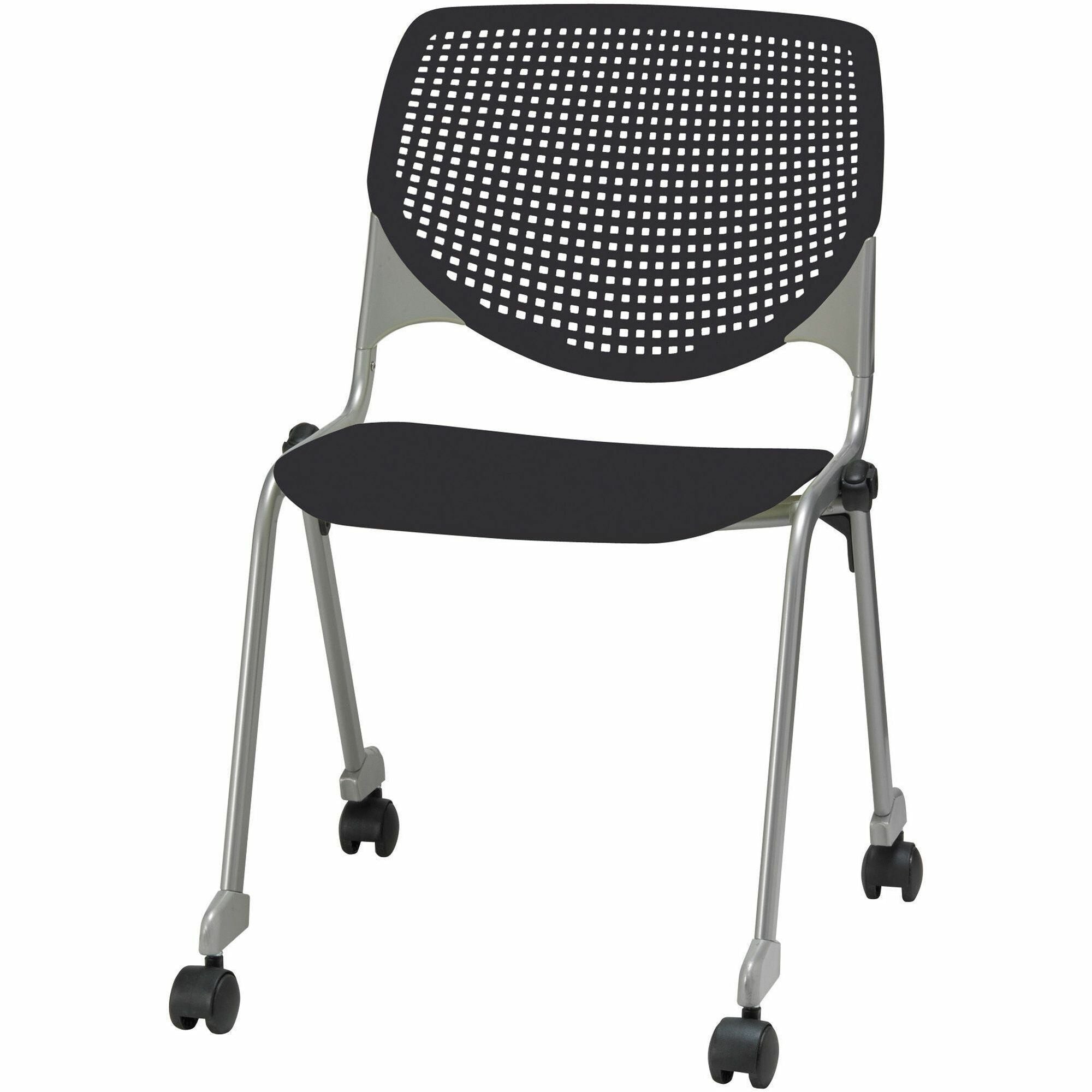 KFI 2300 Series Stack Chair, Black Polypropylene Seat and Back, Silver Powder-Coated Tubular Steel Frame, Four-Legged Base with Casters, 1 Each