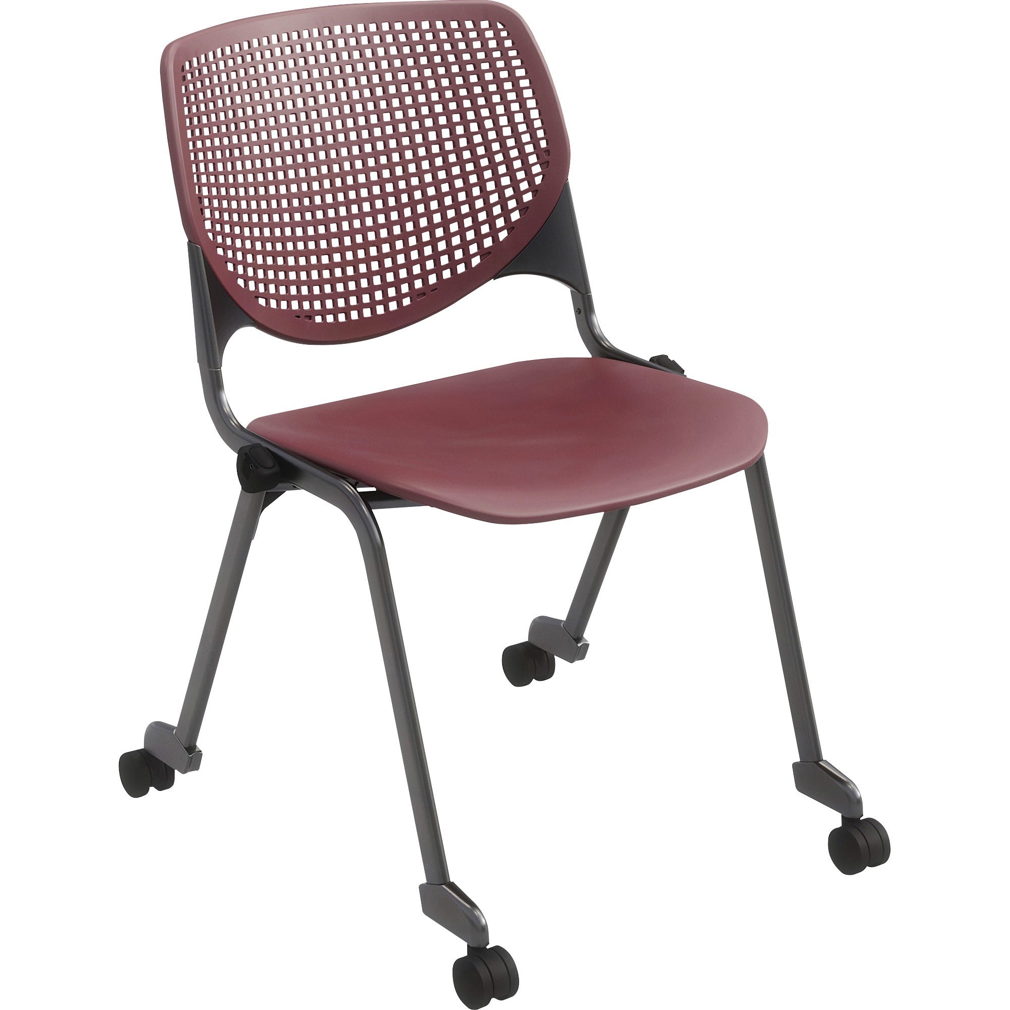KFI 2300 Series Stack Chair, Burgundy Polypropylene Seat and Back, Silver Powder Coated Tubular Steel Frame, Four-Legged Base, 4 Casters, 1 Each