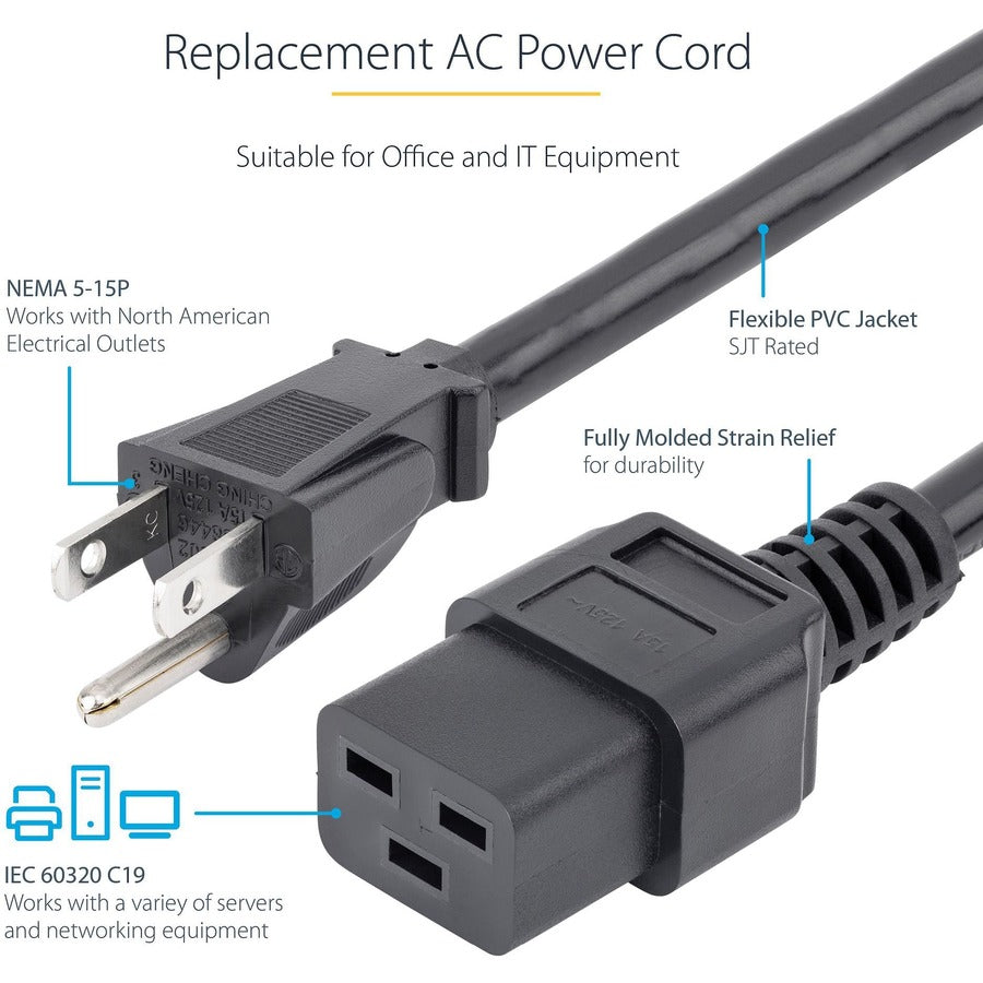 StarTech.com Computer Power Cord - NEMA 5-15P to C19, 14 AWG, 10 ft
