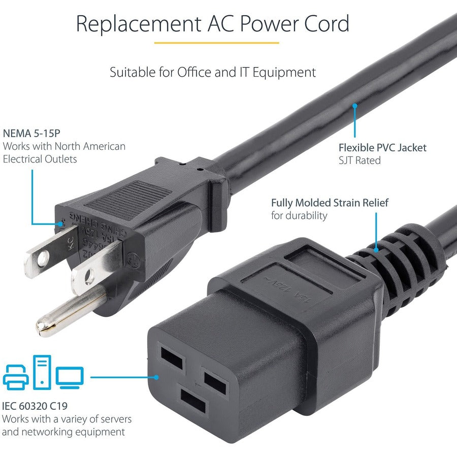StarTech.com Computer Power Cord - NEMA 5-15P to C19, 14 AWG, 3 ft