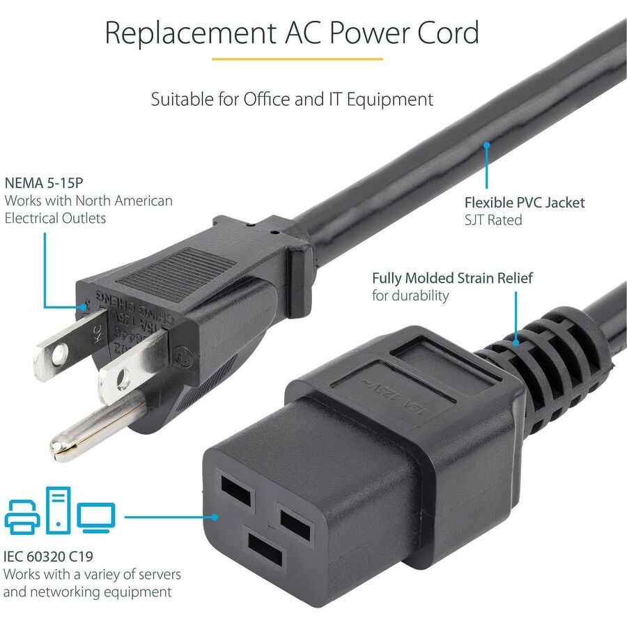 StarTech.com Computer Power Cord - NEMA 5-15P to C19, 14 AWG, 3 ft
