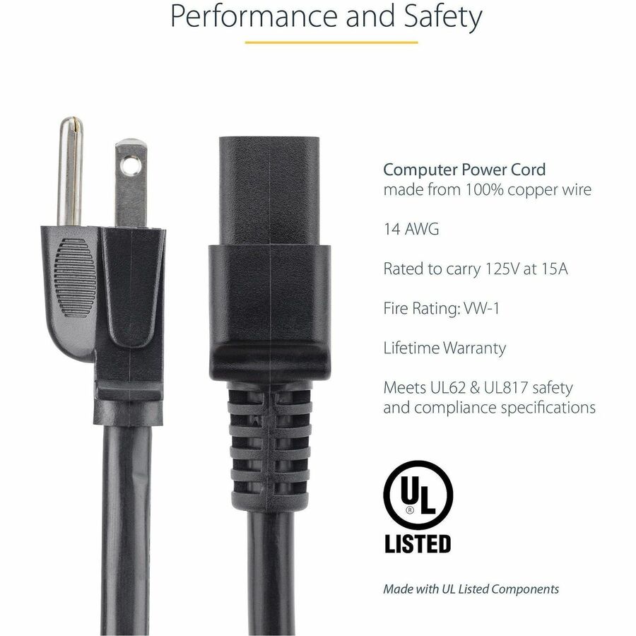 StarTech.com Computer Power Cord - NEMA 5-15P to C19, 14 AWG, 6 ft