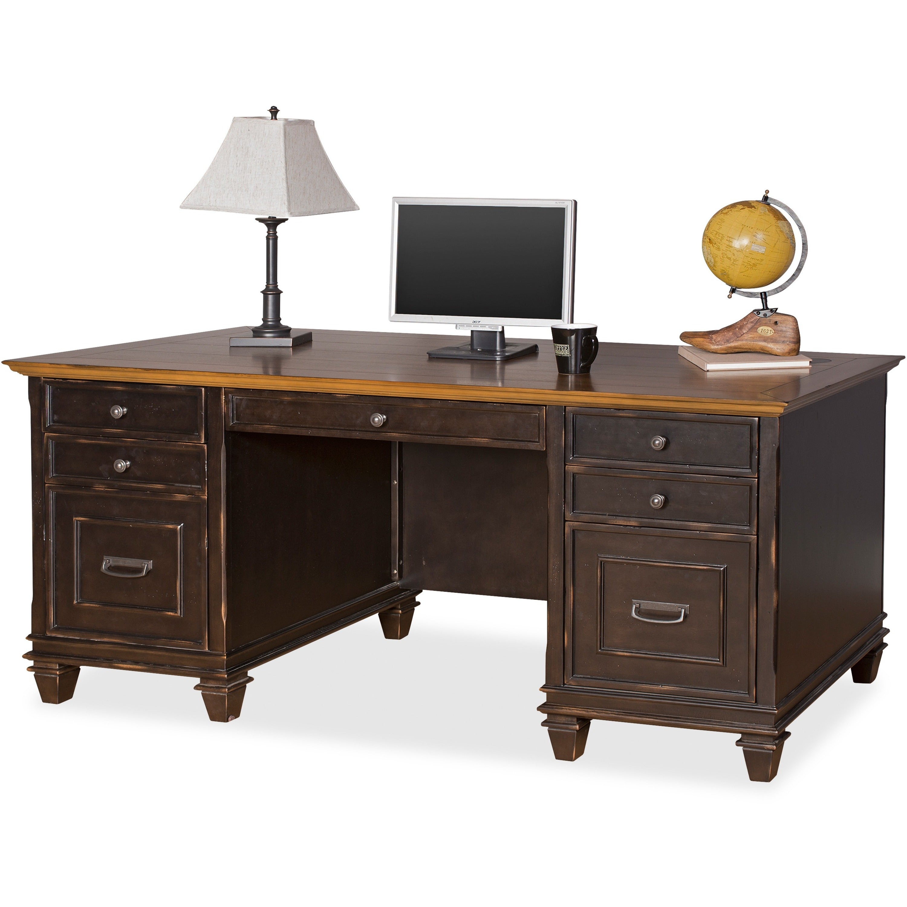Martin Hartford Double Pedestal Desk, 31"H x 69.5"W x 30"D, 7 Drawers, Wood Veneer, Vintage Black Finish, Grommet, Wire Management, Lockable Drawer, Pull-out Keyboard Tray, 1 Each