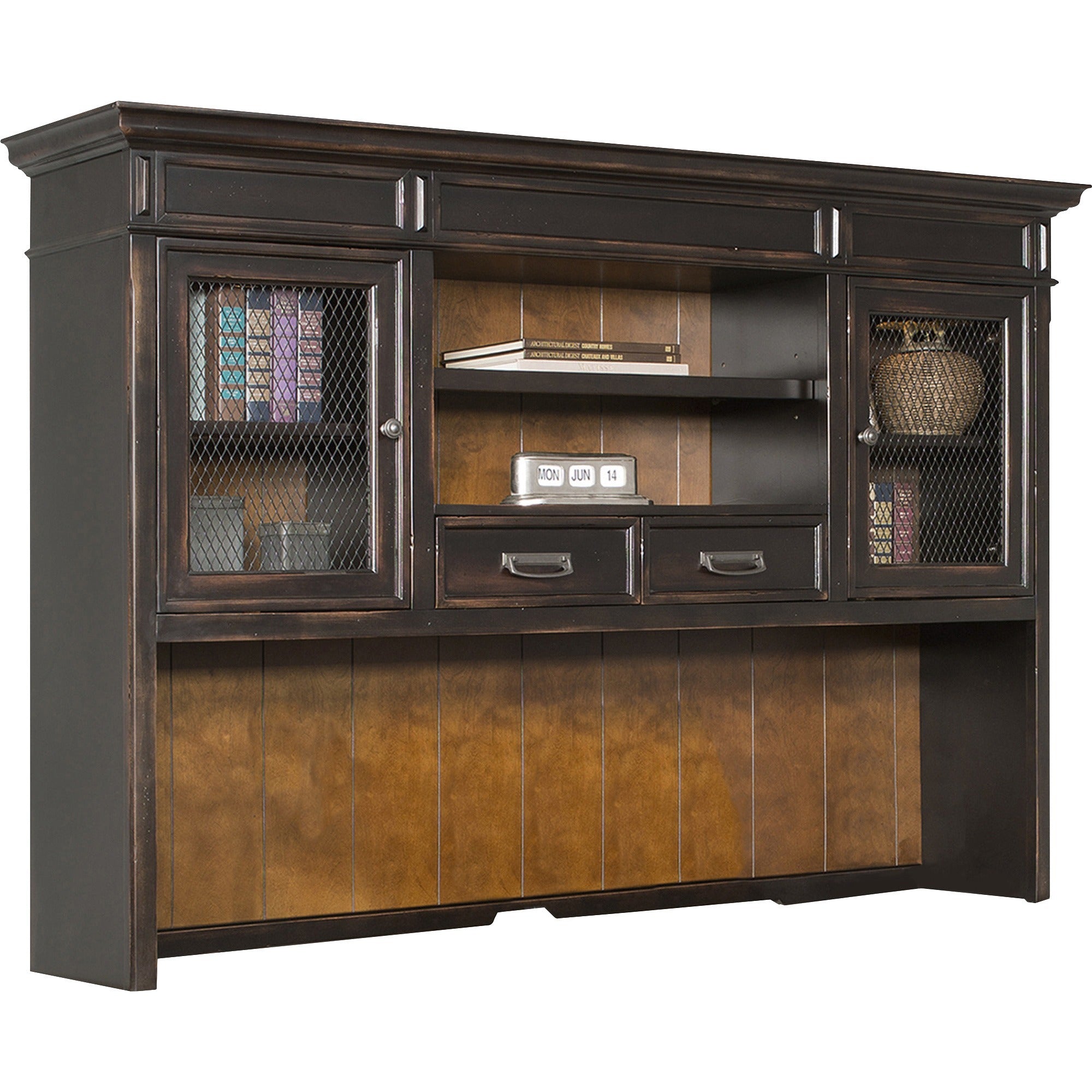 Martin Hartford Hutch, Vintage Black Finish, Wood Veneer & Solid Wood, 49"H x 70.5"W x 14"D, 2 Drawers, 2 Doors, 2 Shelves (1 Adjustable), Touch Lighting, 1 Each