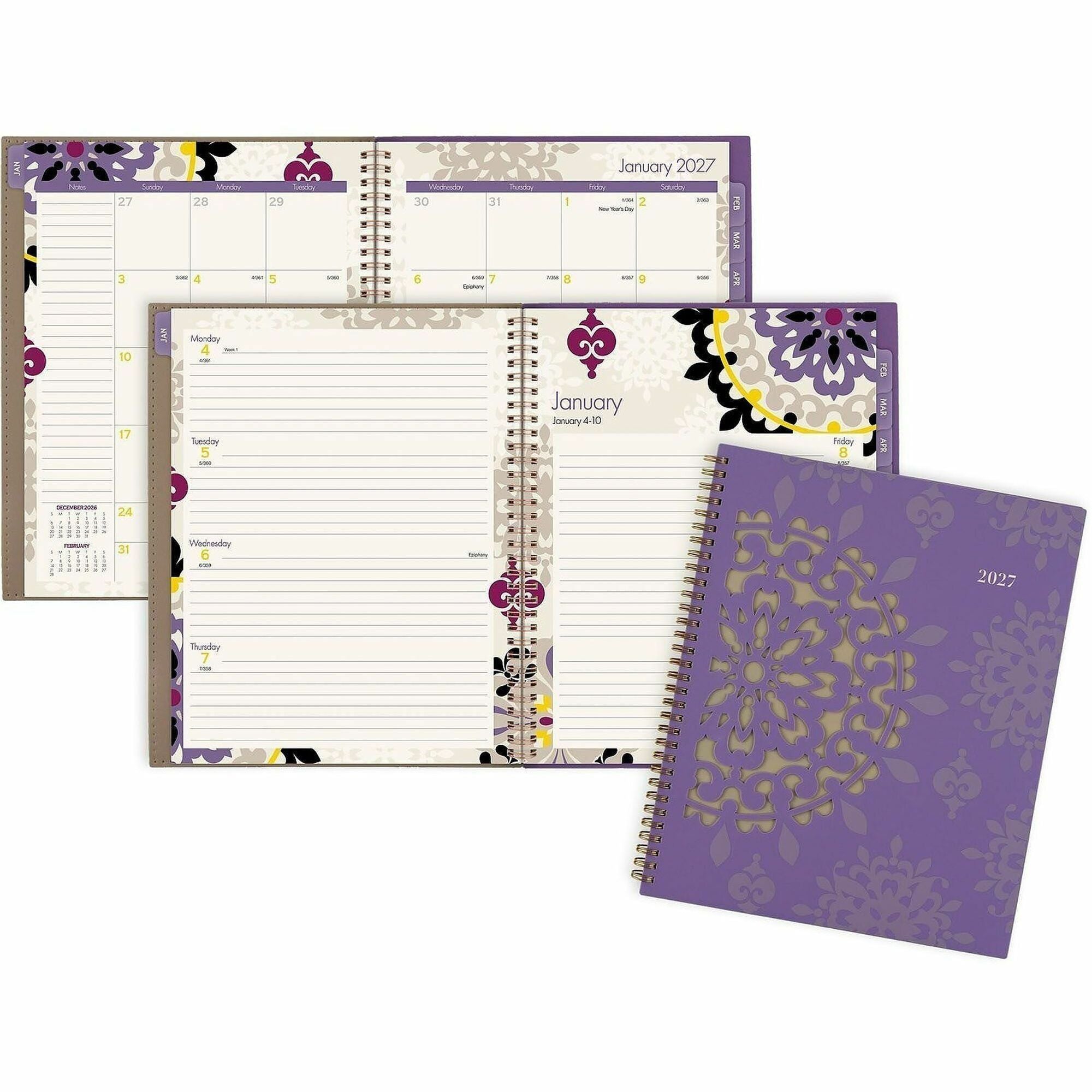 Cambridge Vienna Planner, Small, Weekly/Monthly, 12 Months (Jan-Dec 2026), 8.5" x 11", Wire Bound, Multicolor (Brown, Purple, Yellow), Poly Cover, Tabbed, 1 Each