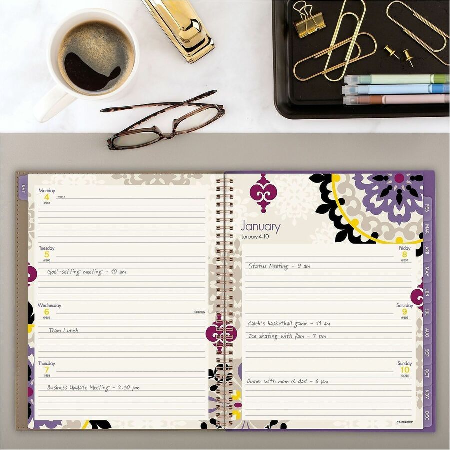 Cambridge Vienna Planner, Small, Weekly/Monthly, 12 Months (Jan-Dec 2026), 8.5" x 11", Wire Bound, Multicolor (Brown, Purple, Yellow), Poly Cover, Tabbed, 1 Each