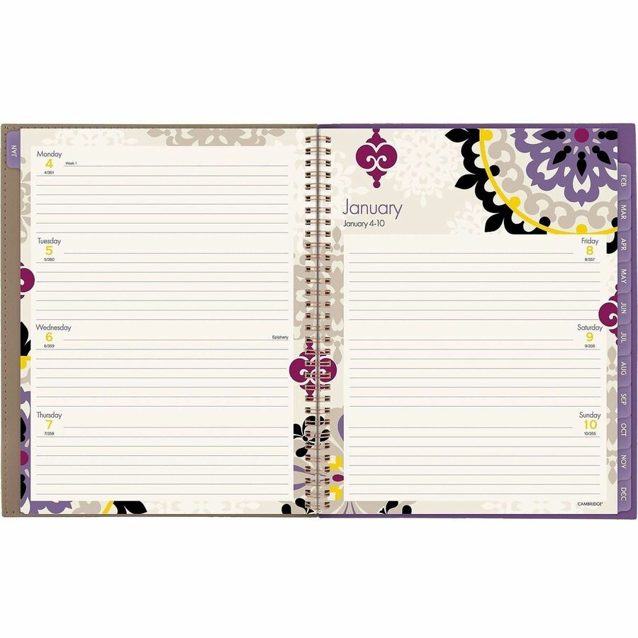 Cambridge Vienna Planner, Small, Weekly/Monthly, 12 Months (Jan-Dec 2026), 8.5" x 11", Wire Bound, Multicolor (Brown, Purple, Yellow), Poly Cover, Tabbed, 1 Each