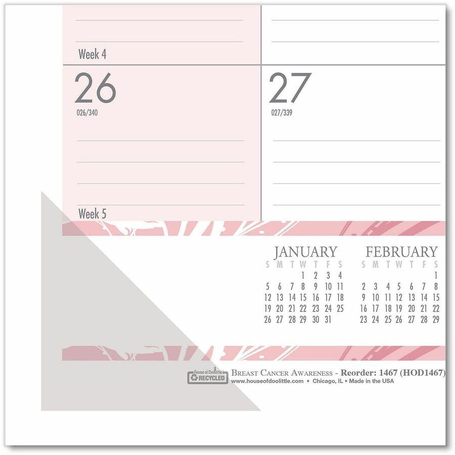 Julian Dates - Daily, Monthly - 12 Month - January 2026 to December 2026 - 1 Month Single Page Layout - 2.38" x 2.50" Block - Desk Pad - Pink, Gray - 17" Height x 22" Width - Reinforced Corner, Reference Calendar, Notes Area - 1 Each