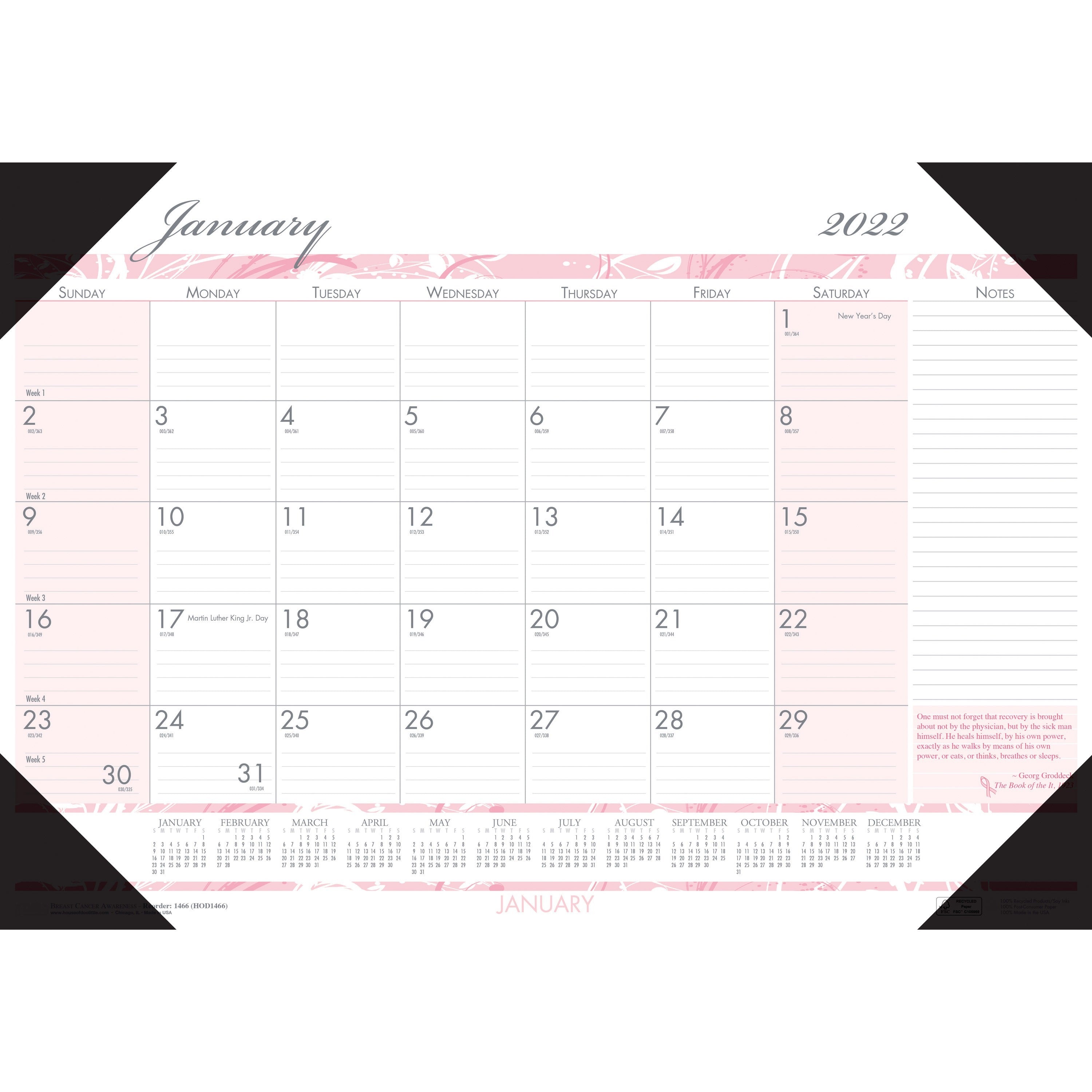 Julian Dates - Daily, Monthly - 12 Month - January 2026 to December 2026 - 1 Month Single Page Layout - 2.38" x 2.50" Block - Desk Pad - Pink, Gray - 17" Height x 22" Width - Reinforced Corner, Reference Calendar, Notes Area - 1 Each