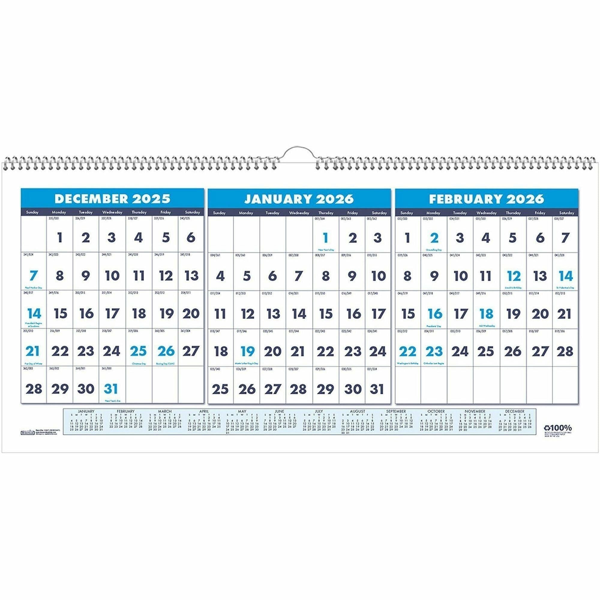 House of Doolittle 3-month Horizontal Wall Calendar - Julian Dates - Monthly - 14 Month - December 2025 to January 2027 - 1.13" x 1" Block - Wire Bound - Blue - 8" Height x 17" Width - Reference Calendar, Eyelet - 1 Each