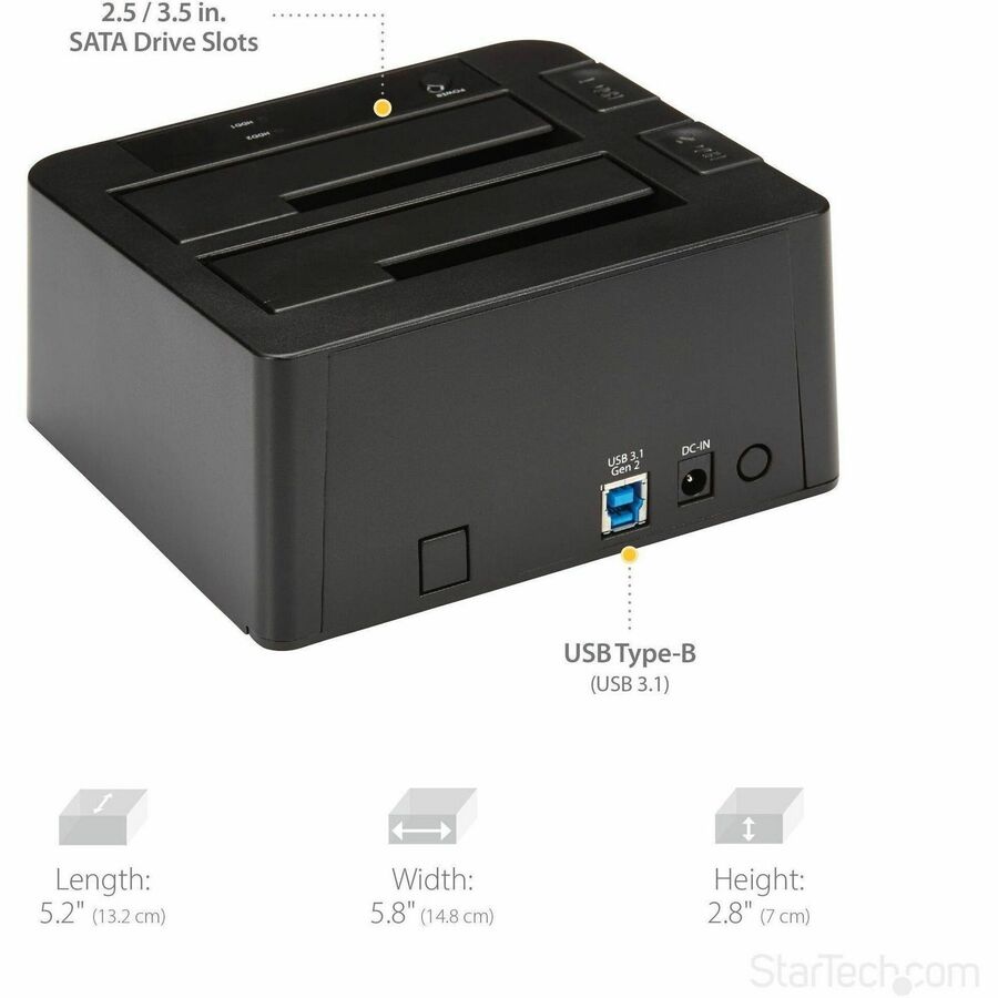 StarTech.com Drive Dock SATA/600 - USB 3.1 Type B Host Interface - UASP Support External - Black - 2 x HDD Supported - 2 x SSD Supported - 2 x Total Bay - 2 x 2.5"/3.5" Bay - Plastic