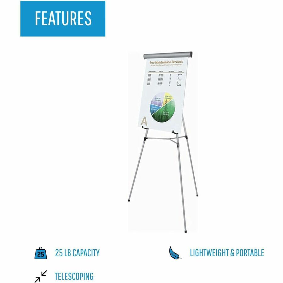 MasterVision 3-leg Display Easel - 45 lb Load Capacity - 63" Height x 28.50" Width x 32" Depth - Tabletop, Floor - Metal, Aluminum, Plastic - Silver