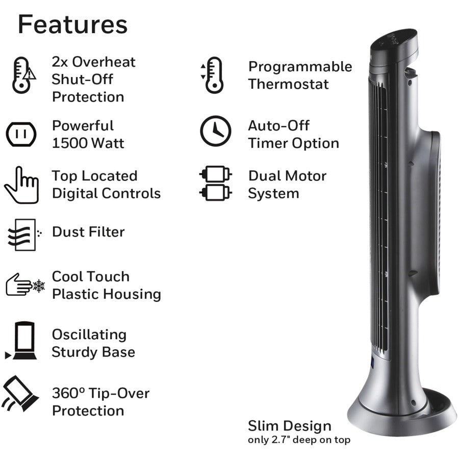 Ceramic - Electric - 1500 W - 2 x Heat Settings - Timer - 1500 W - Oscillation - Indoor - Tower - Dark Gray