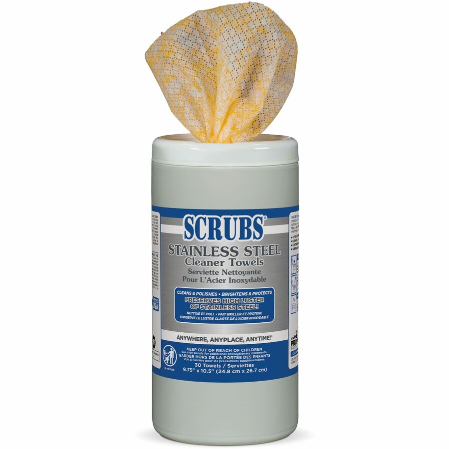 SCRUBS Stainless Steel Cleaner Wipes, Citrus Scent, 9.75" x 10.50", Yellow, 30 Wipes per Tub, 1 Tub