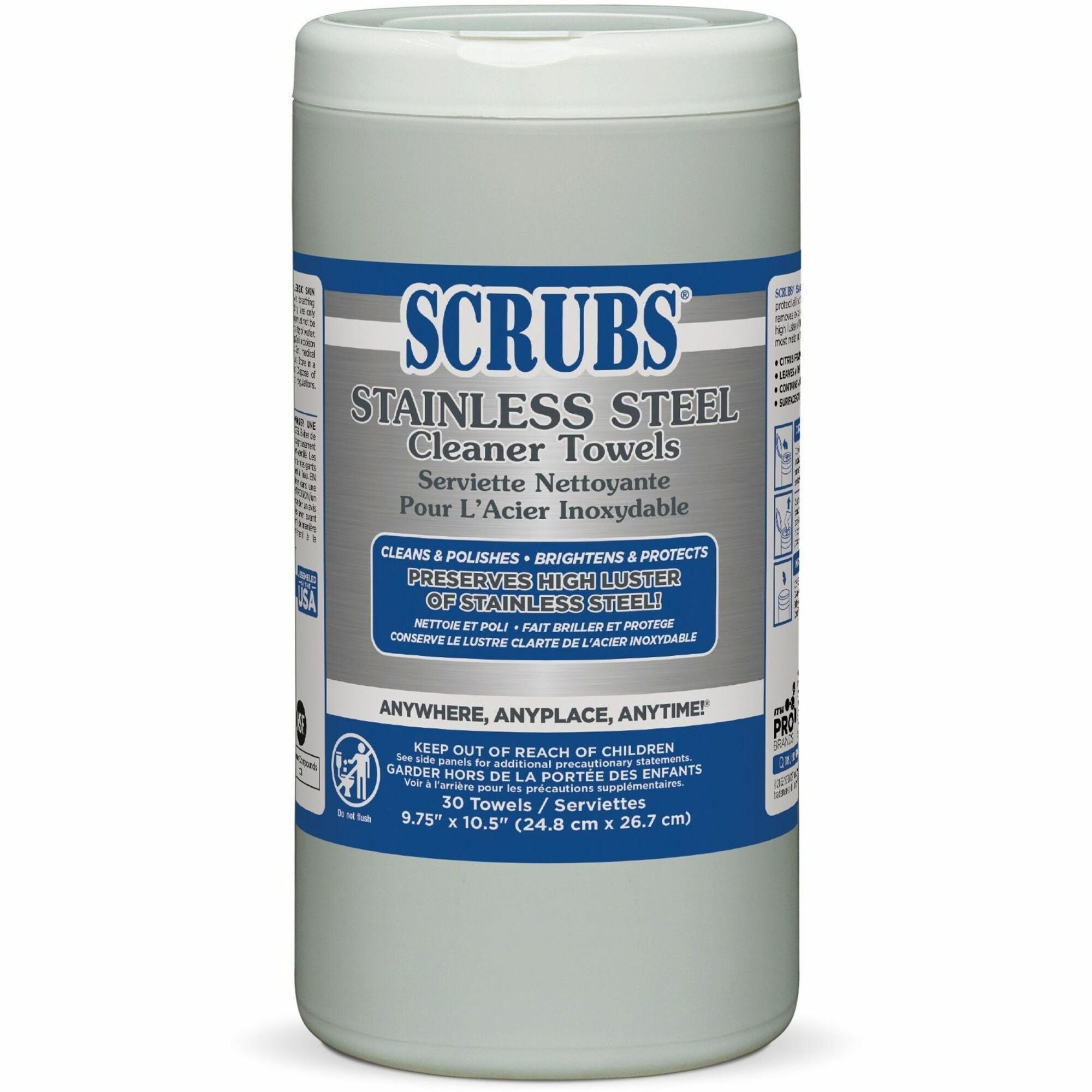 SCRUBS Stainless Steel Cleaner Wipes, Citrus Scent, 9.75" x 10.50", Yellow, 30 Wipes per Tub, 1 Tub