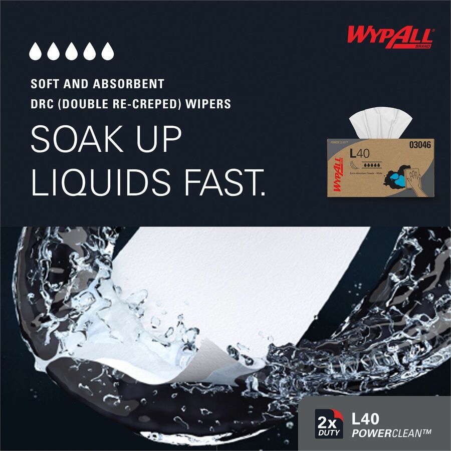 Wypall Power Clean L40 Extra Absorbent Towels - 10" Width x 10.80" Length - White - 90/Box - 1 Carton