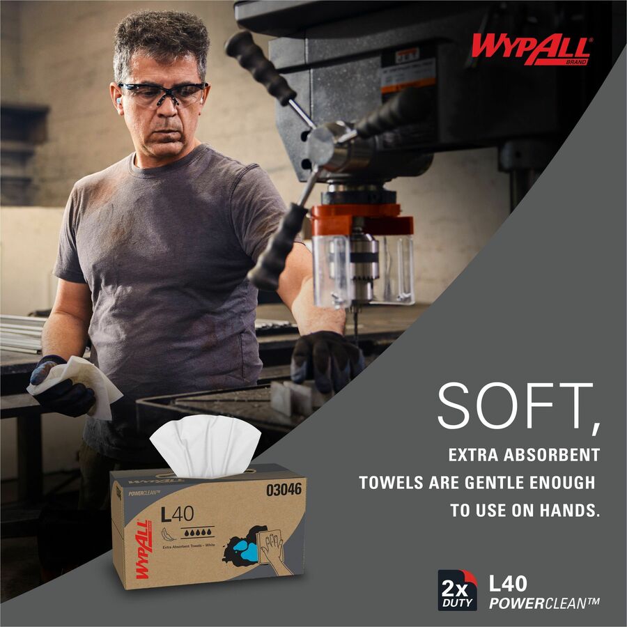Wypall Power Clean L40 Extra Absorbent Towels - 10" Width x 10.80" Length - White - 90/Box - 1 Carton