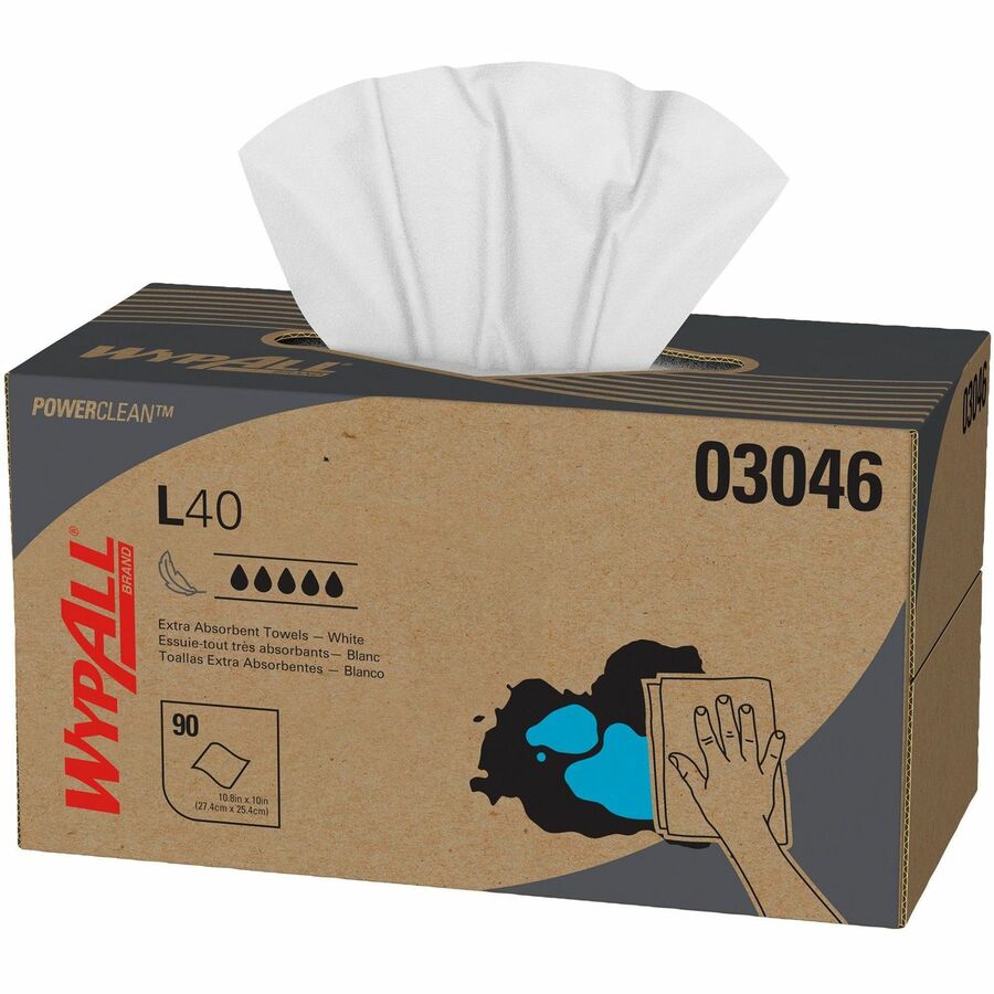 Wypall Power Clean L40 Extra Absorbent Towels - 10" Width x 10.80" Length - White - 90/Box - 1 Carton