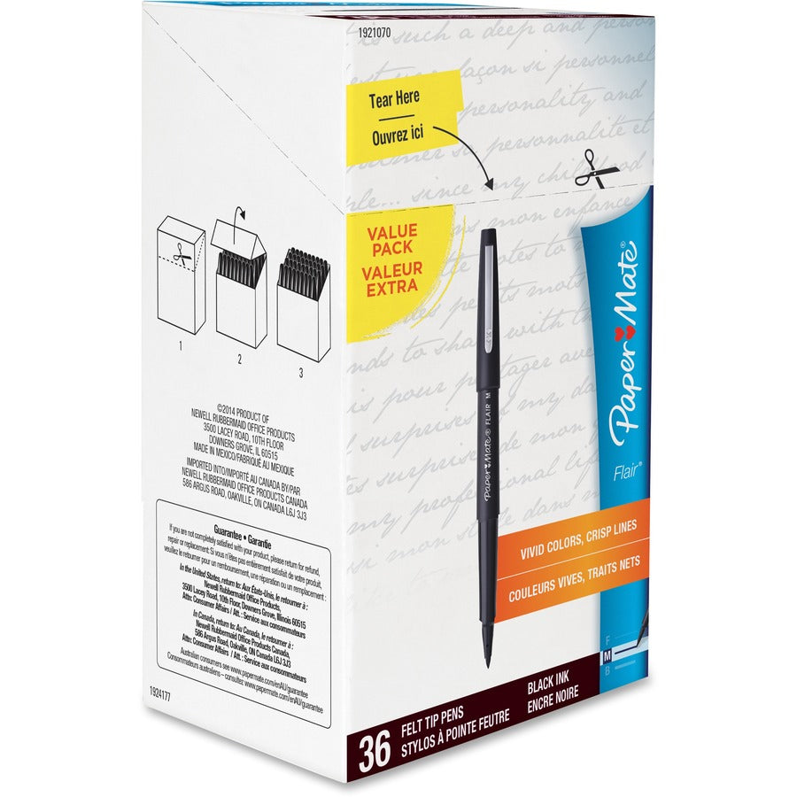 Paper Mate Flair Medium Point Porous Markers - 1.4 mm Medium Bullet Pen Point - Black Ink - Water Based - Black Barrel - Felt Tip - 36 / Pack