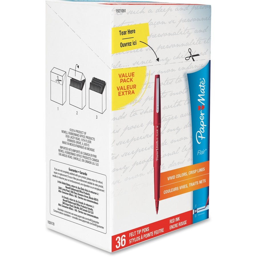 Paper Mate Flair Medium Point Porous Markers - 1.4 mm Medium Bullet Pen Point - Red Ink - Water Based - Red Barrel - Felt Tip - 36 / Pack