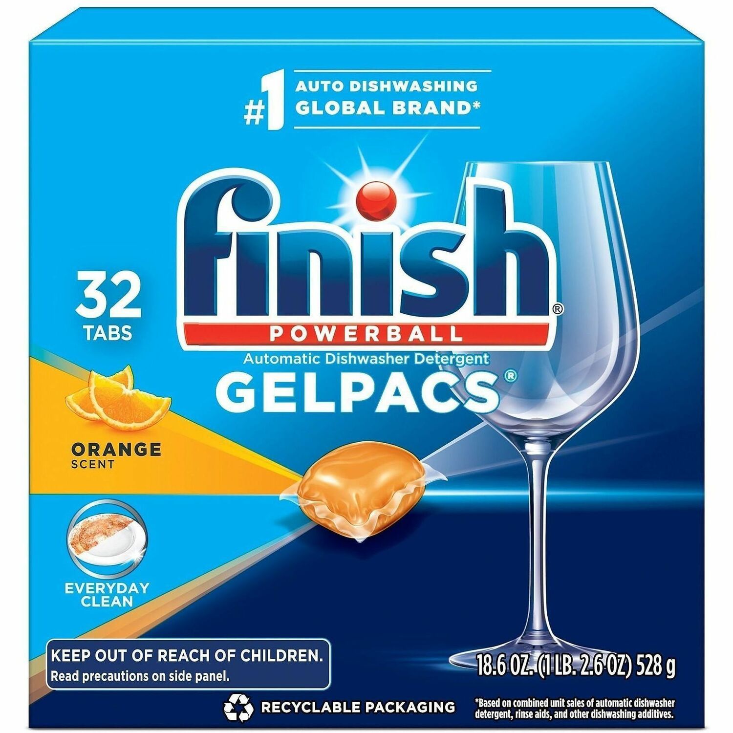 Finish Dishwasher Gel Packs - For Dish, Glass - 1.30 oz (0.08 lb) - Orange Scent - Recommended For: Food Remover, Residue Remover, Stain Remover, Baked-on Food Remover - Pre-moistened - Orange - 32 / Box
