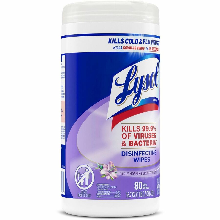 Lysol Early Morning Breeze Disinfecting Wipes - For Multipurpose, Multi Surface - Early Morning Breeze Scent - Recommended For: Virus Remover, Bacteria Remover - Disinfectant, Pre-moistened, Anti-bacterial - White - 80/Tub - 1 Each