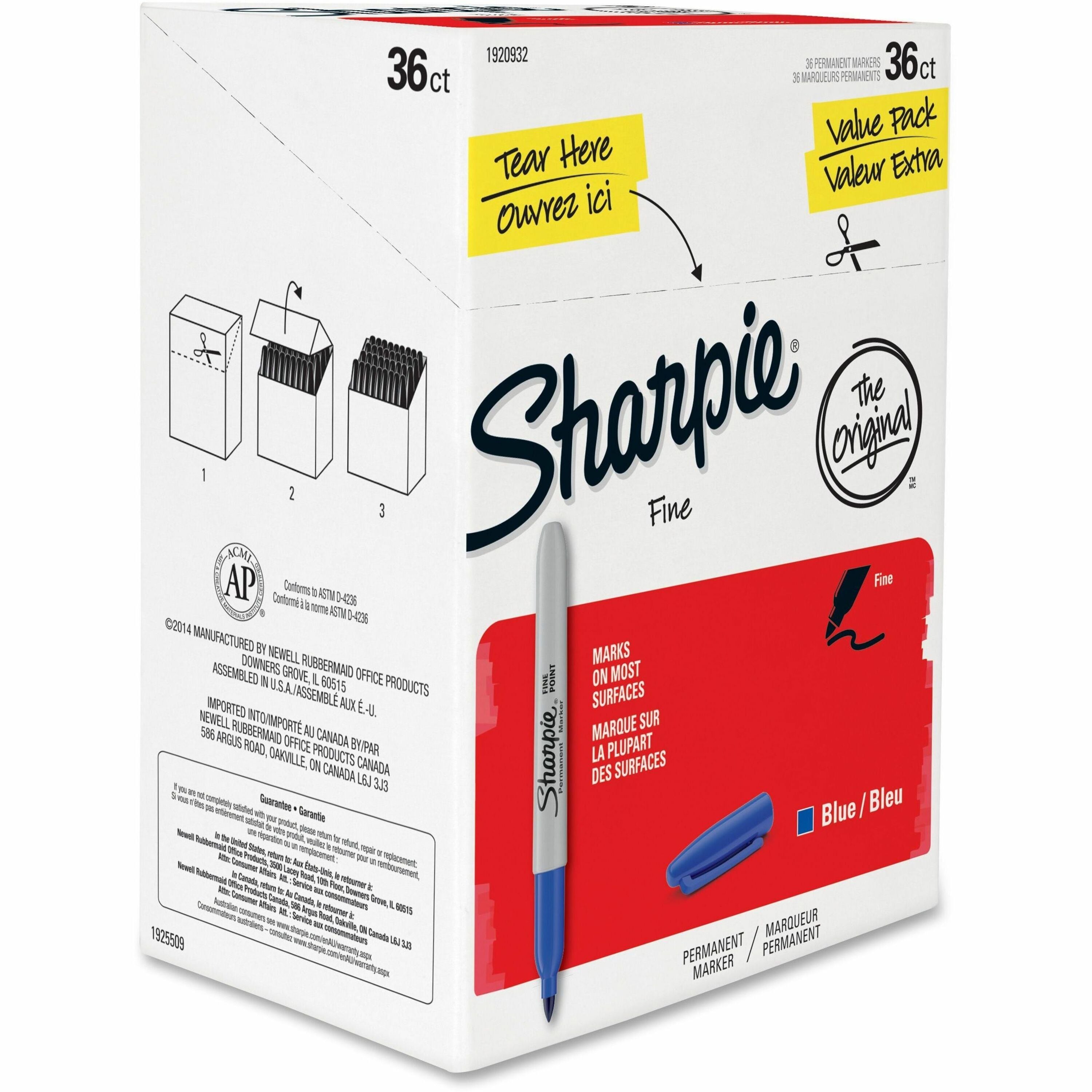 Sharpie Pen-style Permanent Marker - Fine Marker Point - Blue Ink - Alcohol Based - 36 / Box