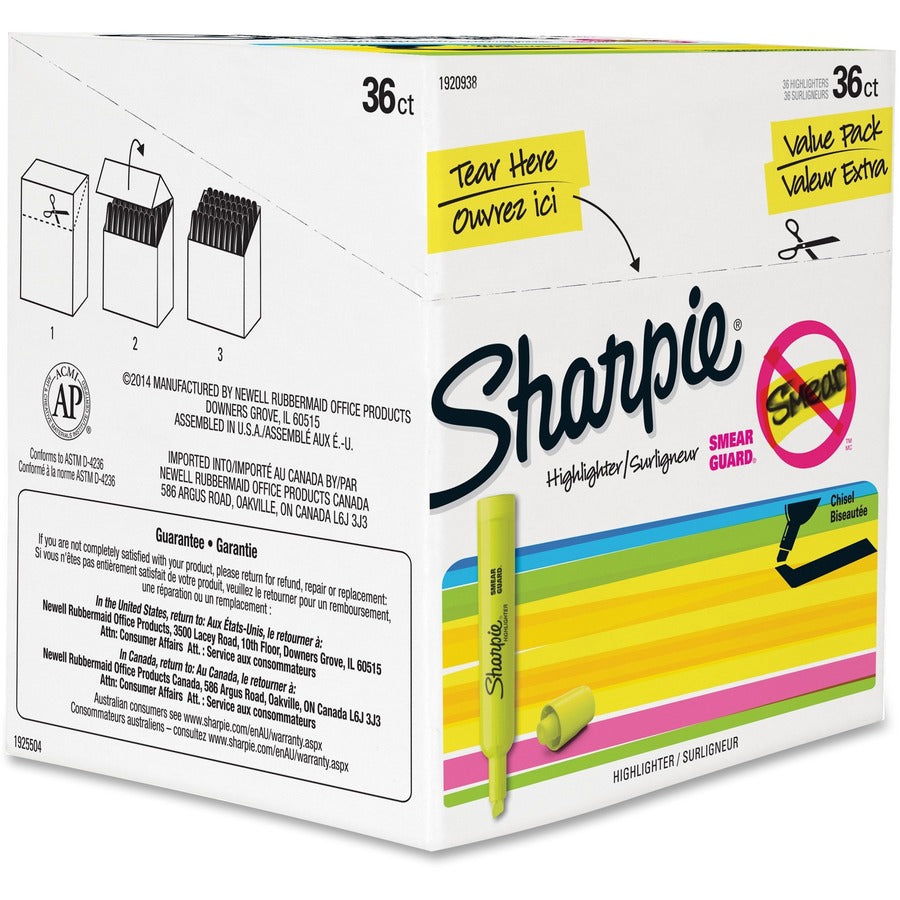 Sharpie SmearGuard Tank Style Highlighters - Narrow Narrow Chisel, Wide Marker Point - Fluorescent Yellow Ink - 36 / Pack