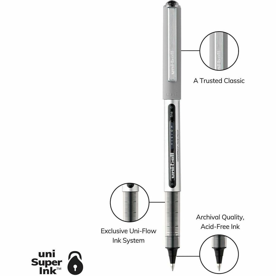 uniball™ Vision Rollerball Pens - 0.7 mm Fine Pen Point - Black Ink - Pigment-based - 36 / Pack
