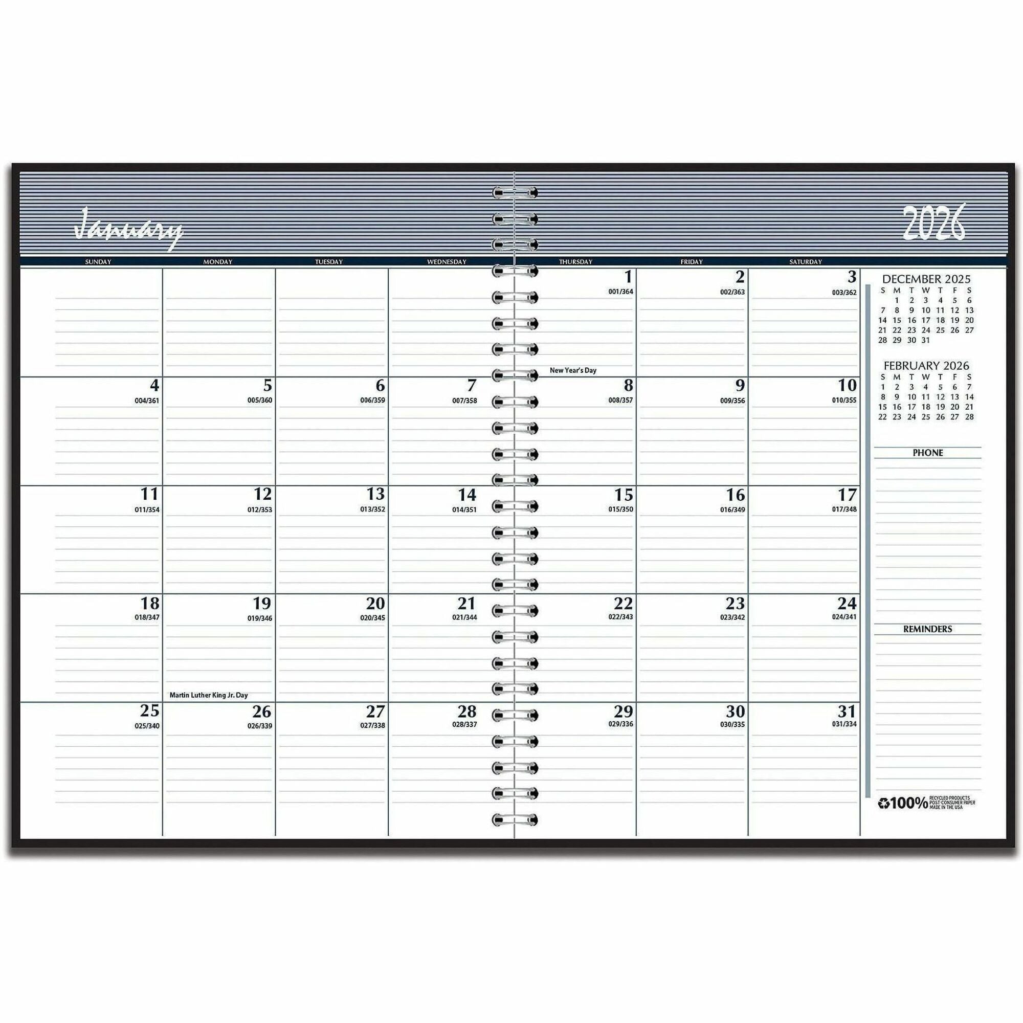 Julian Dates - Monthly - 14 Month - December 2024 to January 2026 - 1 Month Double Page Layout - 6 7/8" x 8 3/4" Sheet Size - 1.88" x 2.13" Block - Wire Bound - Simulated Leather - Black Cover - Reference Calendar - 1 Each