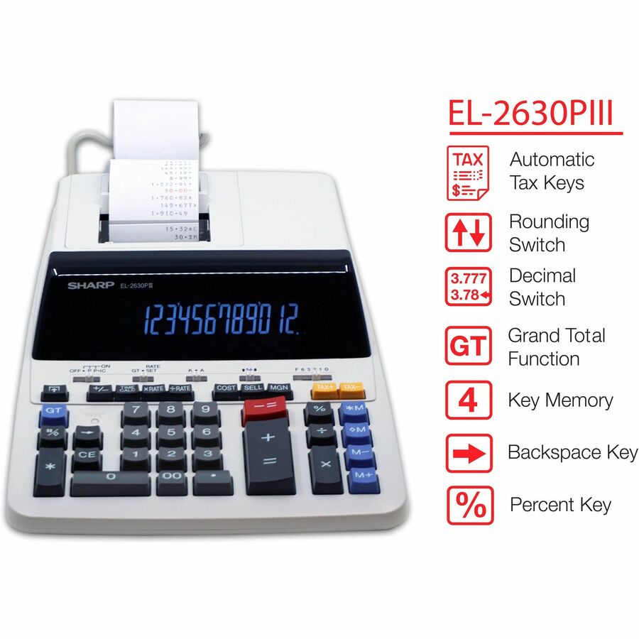 Independent Memory, Sign Change, Backspace Key, Double Zero, Fixed Decimal - AC Supply Powered - 3.1" Height x 9" Width x 13.2" Depth - Off White - 1 Each