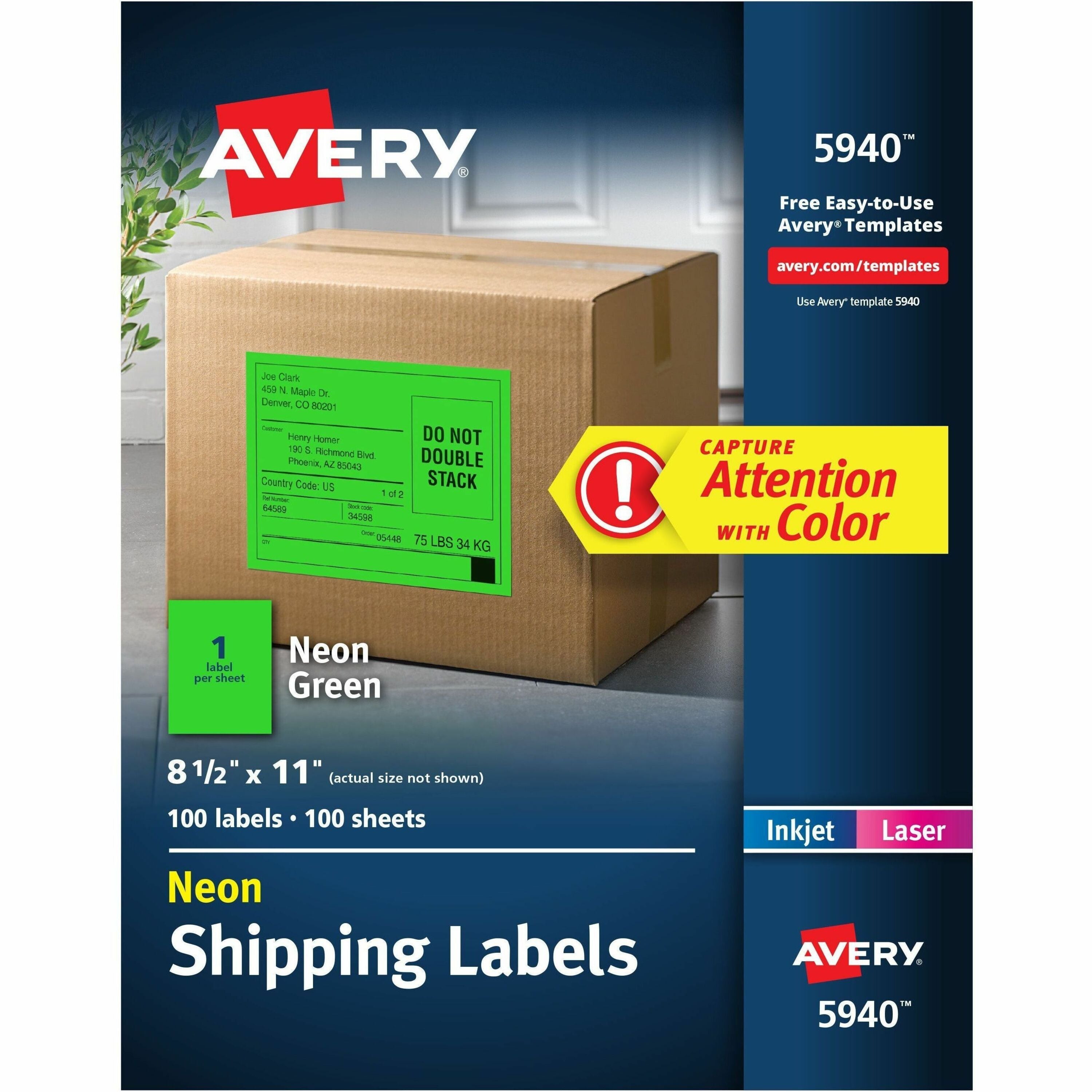 Avery&reg; Neon Shipping Labels, 8-1/2" x 11" , 100 Labels (5940)