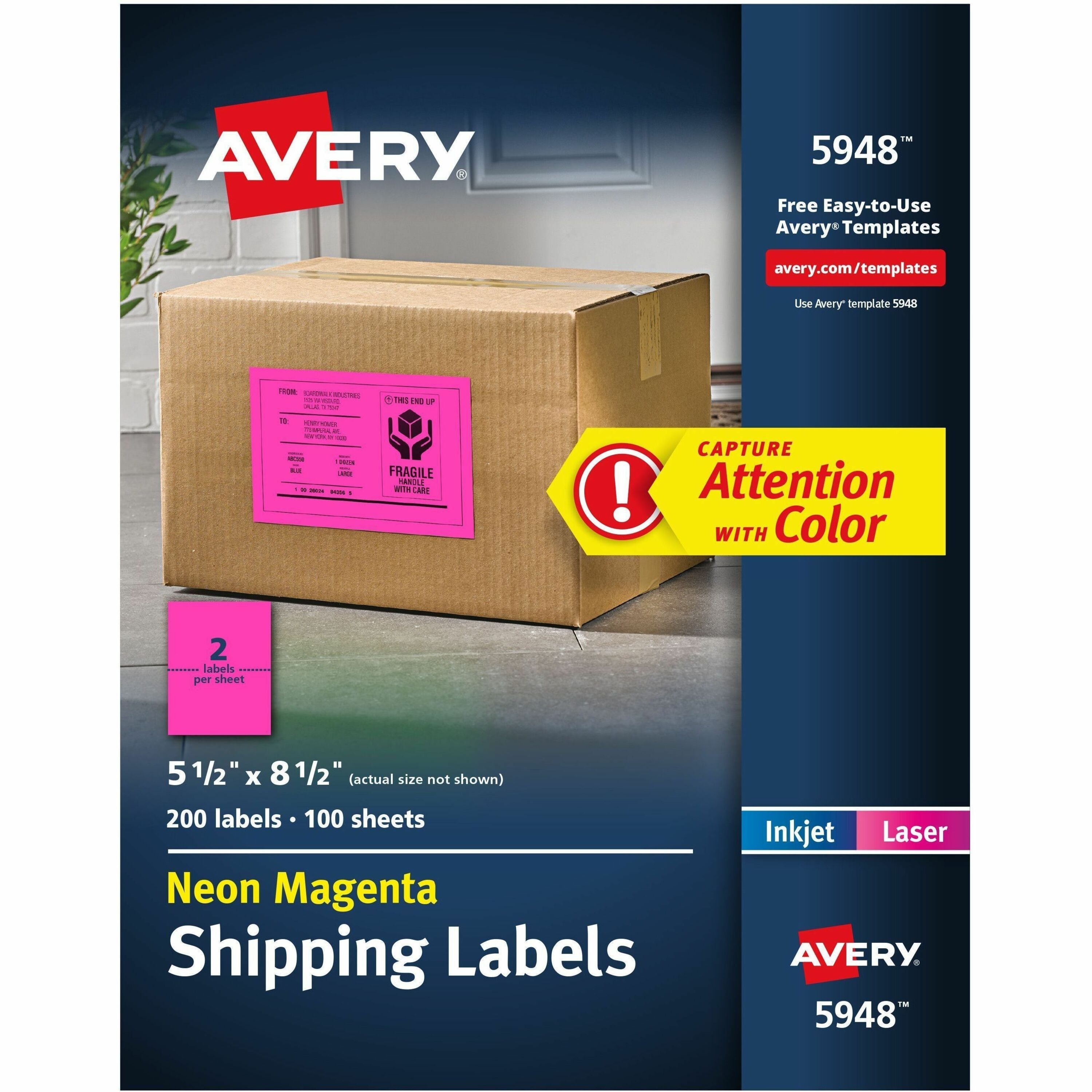 Avery&reg; Neon Shipping Labels, 5-1/2" x 8-1/2" , 200 Labels (5948)