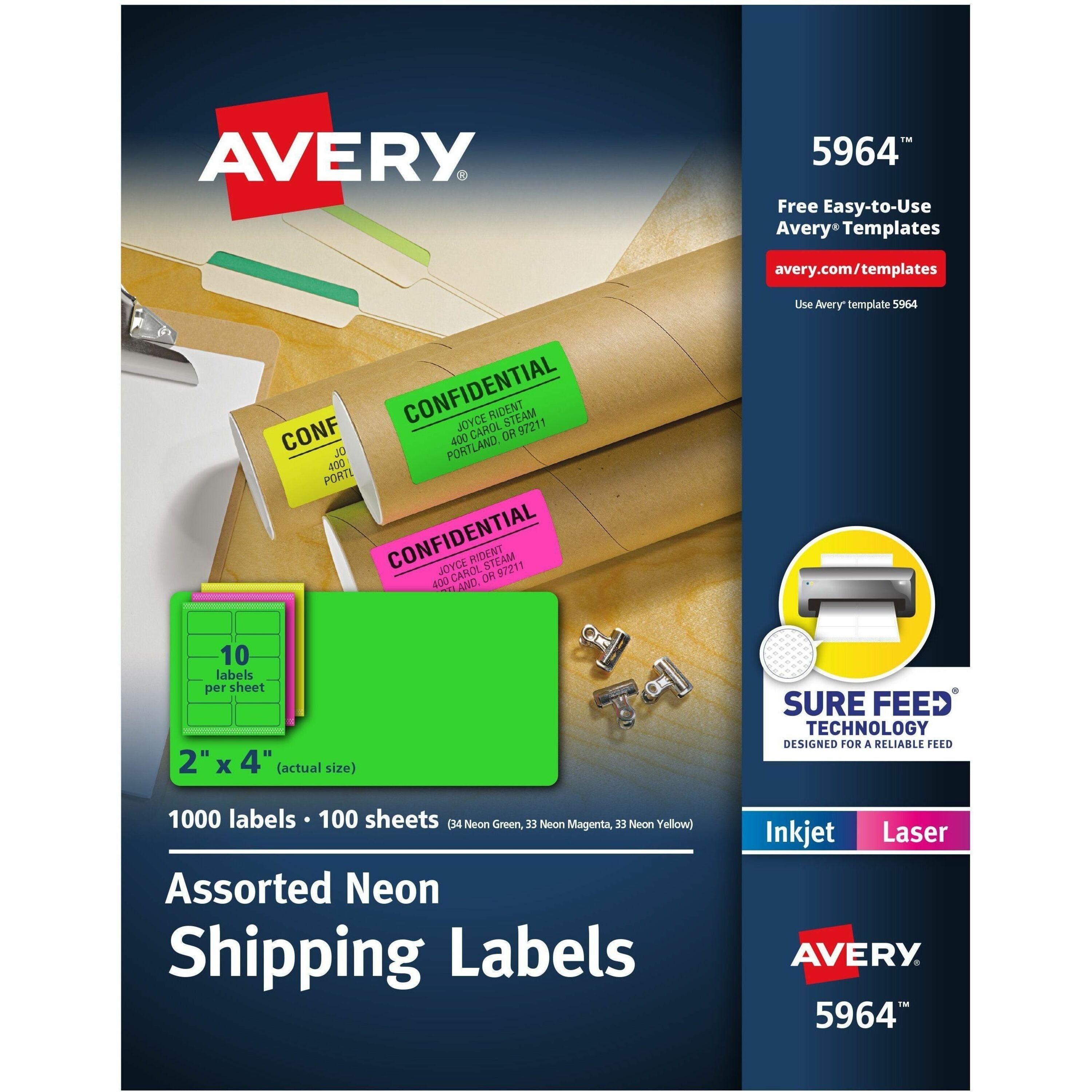 Avery&reg; 2"x 4" Neon Shipping Labels with Sure Feed, 1,000 Labels (5964)