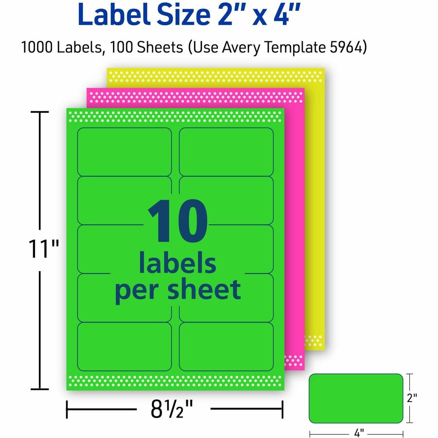 Avery&reg; 2"x 4" Neon Shipping Labels with Sure Feed, 1,000 Labels (5964)