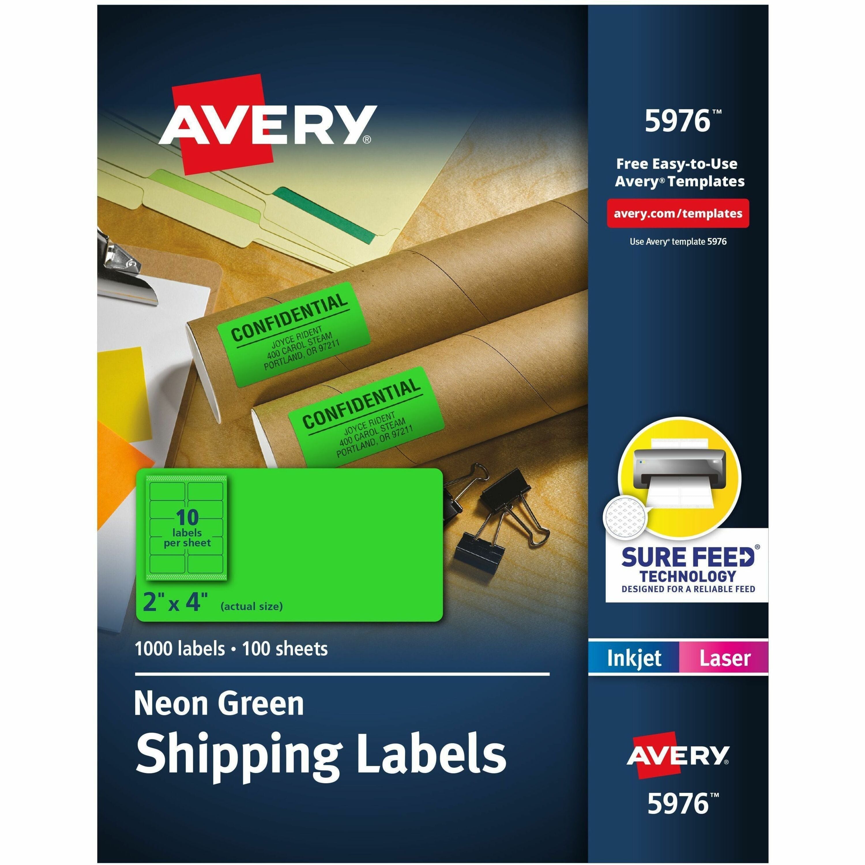 Avery&reg; 2"x 4" Neon Shipping Labels with Sure Feed, 1,000 Labels (5976)