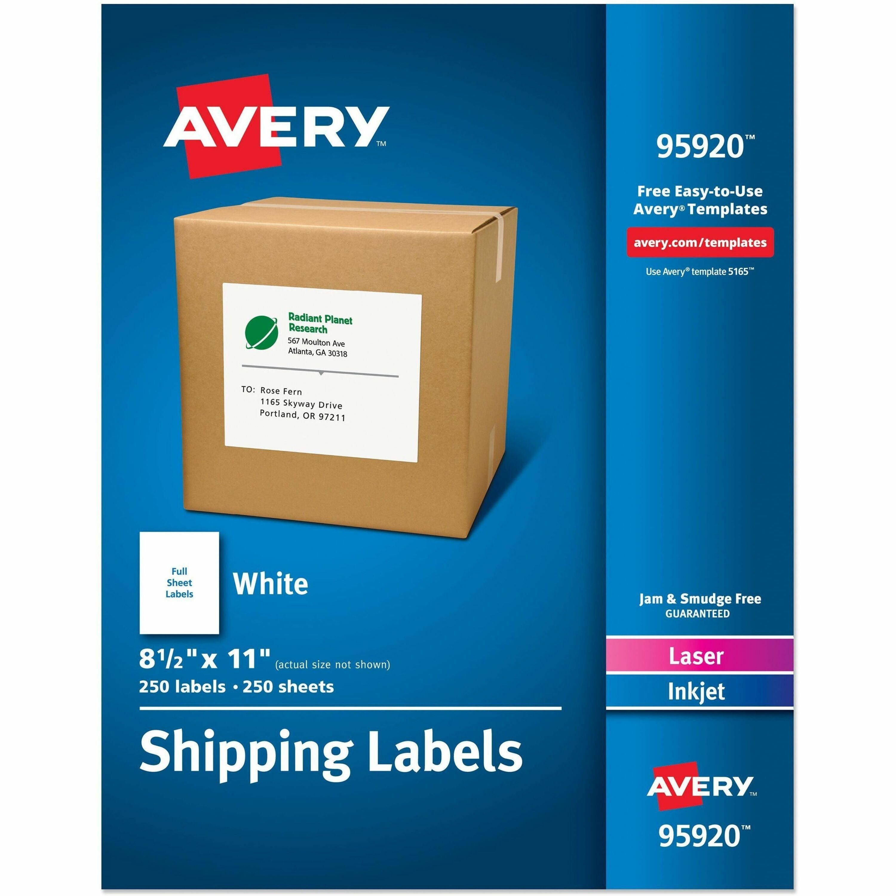 Avery&reg; Shipping Address Labels, 250 Labels, Full Sheet Labels, Permanent (95920)