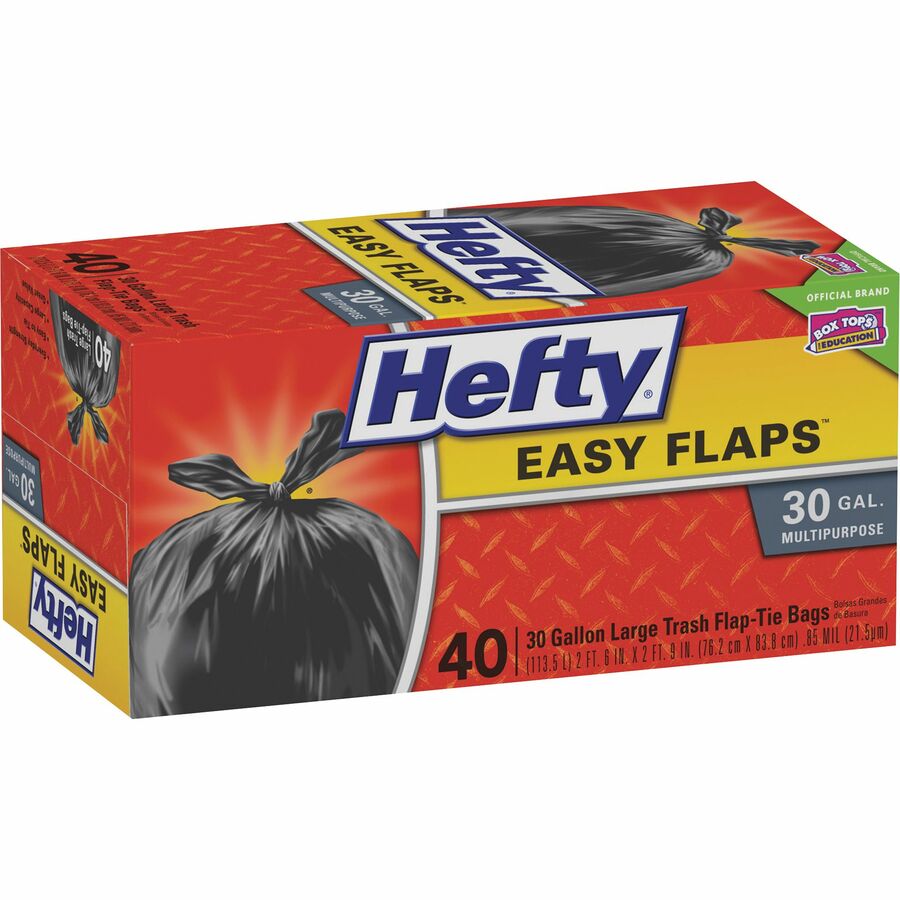 Hefty Easy Flaps 30-gallon Large Trash Bags - Large Size - 30 gal Capacity - 33" Length x 30" Width x 0.85 mil (22 Micron) Thickness - Black - Can - Recycled - 40 / Box
