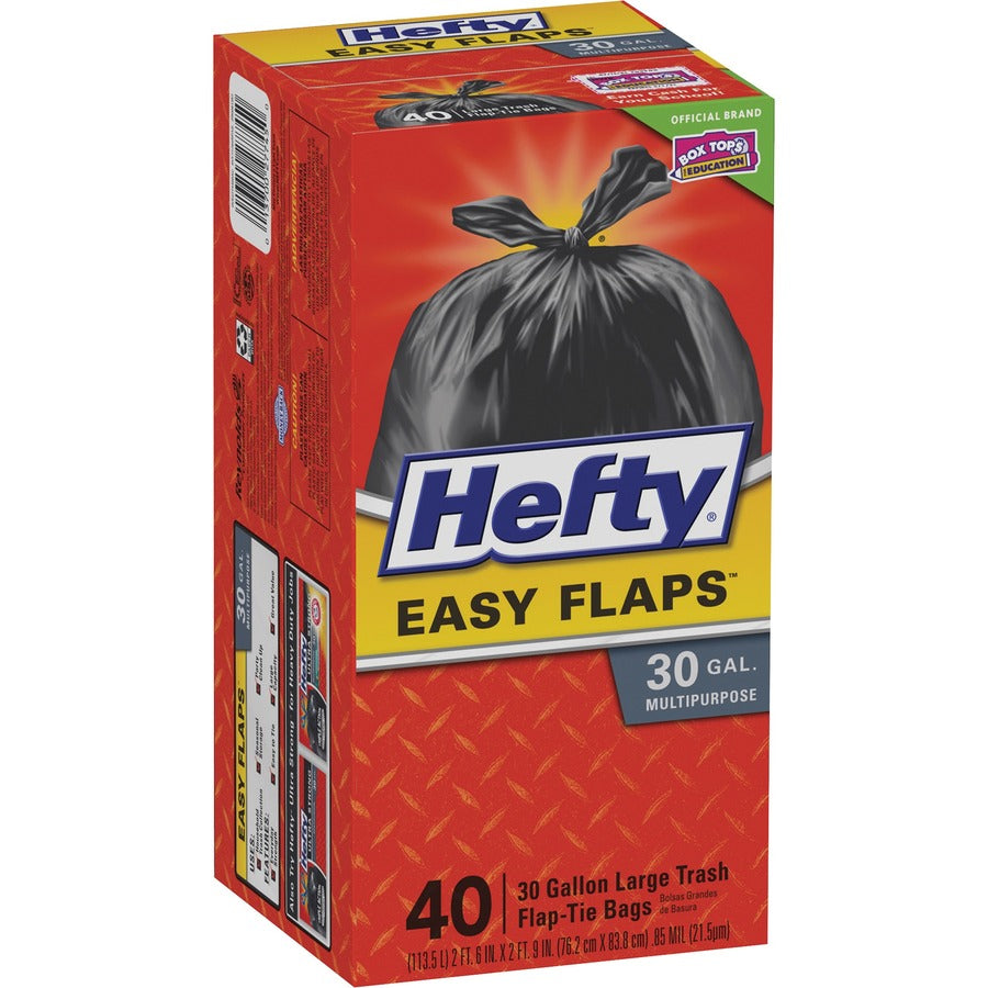 Hefty Easy Flaps 30-gallon Large Trash Bags - Large Size - 30 gal Capacity - 33" Length x 30" Width x 0.85 mil (22 Micron) Thickness - Black - Can - Recycled - 40 / Box