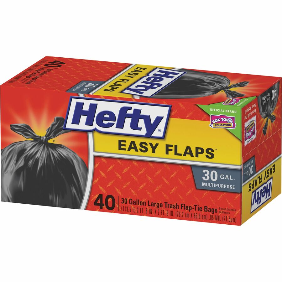 Hefty Easy Flaps 30-gallon Large Trash Bags - Large Size - 30 gal Capacity - 33" Length x 30" Width x 0.85 mil (22 Micron) Thickness - Black - Can - Recycled - 40 / Box