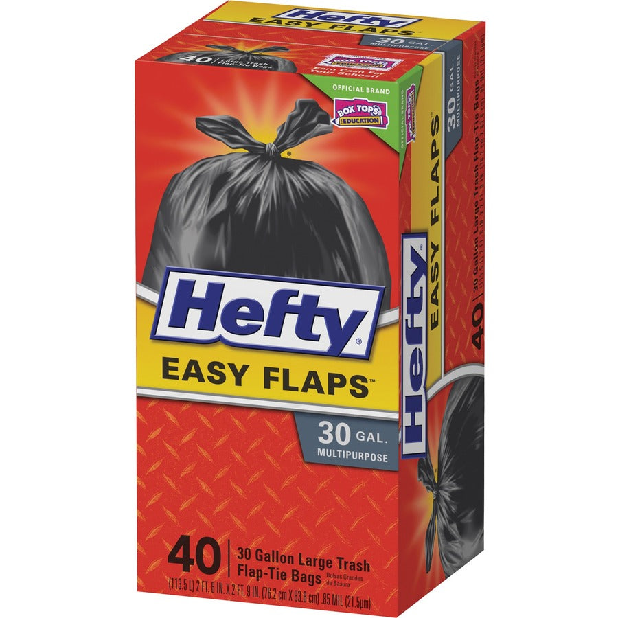Hefty Easy Flaps 30-gallon Large Trash Bags - Large Size - 30 gal Capacity - 33" Length x 30" Width x 0.85 mil (22 Micron) Thickness - Black - Can - Recycled - 40 / Box