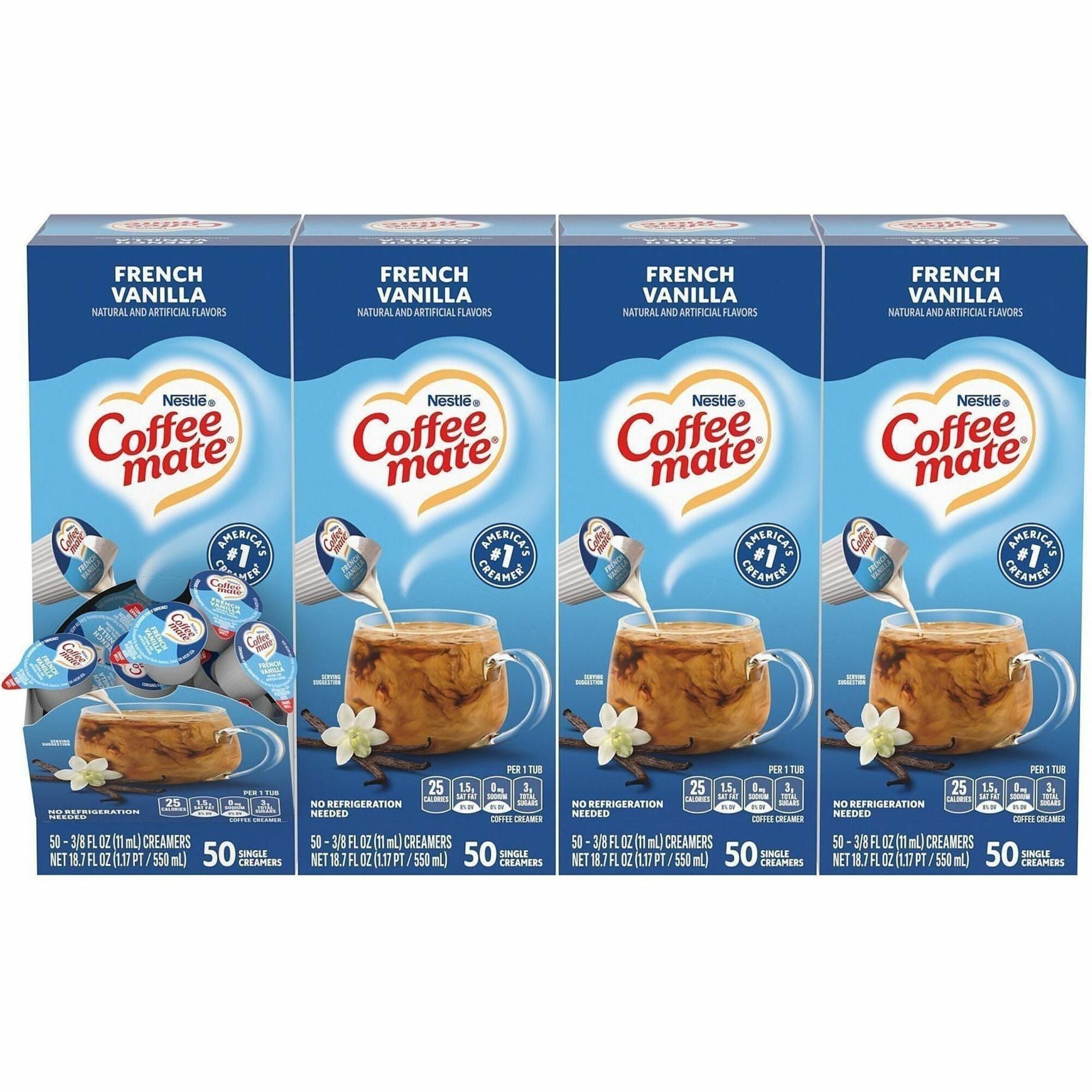 Coffee mate French Vanilla Nondairy Liquid Creamer Singles - Natural & Artificial French Vanilla Flavor - 0.38 fl oz (11 mL) - 200 Serving - 50/Box - 4 / Carton