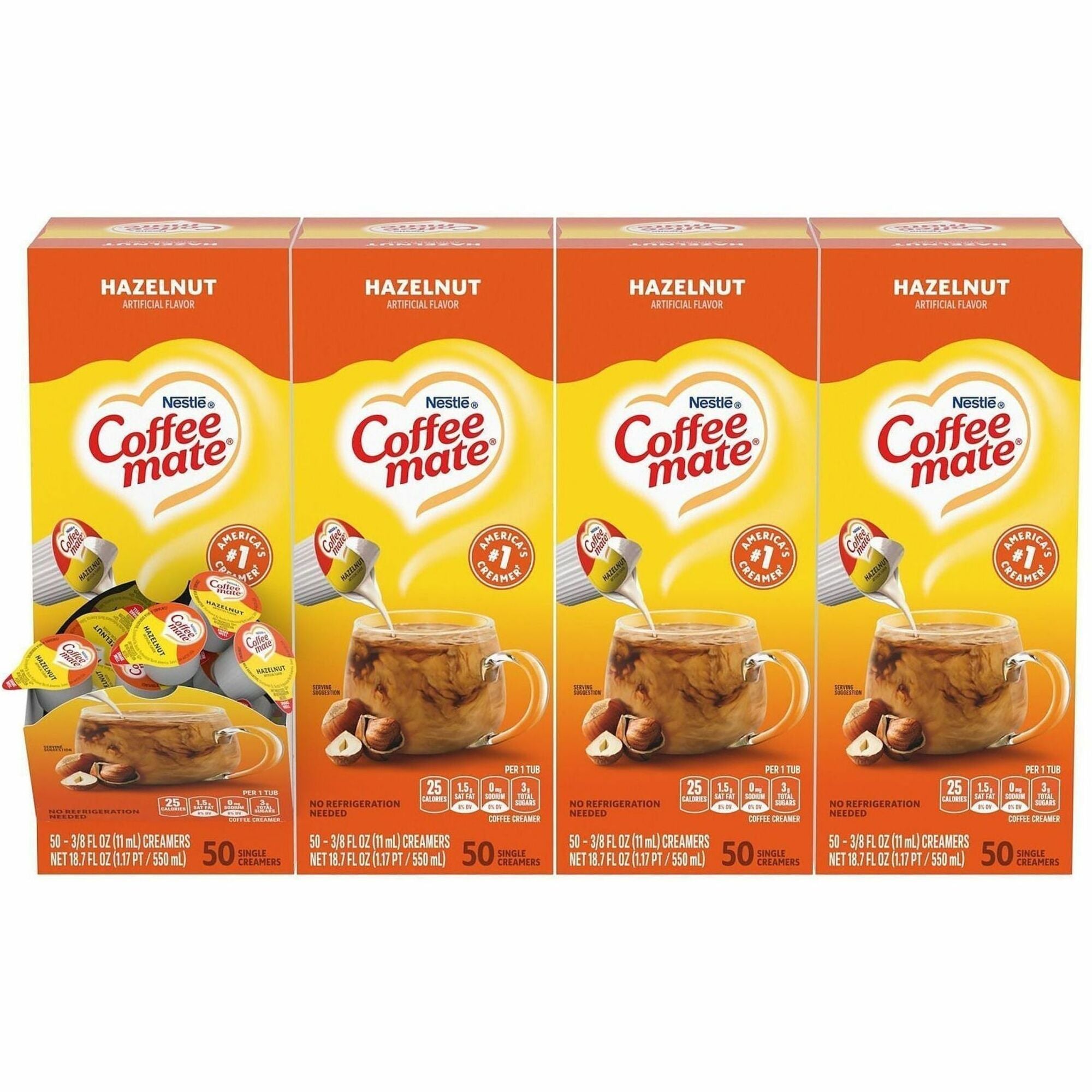 Coffee mate Hazelnut Nondairy Liquid Creamer Singles - Artificial Hazelnut Flavor - 0.38 fl oz (11 mL) - 50 Serving - 50/Box - 4 / Carton