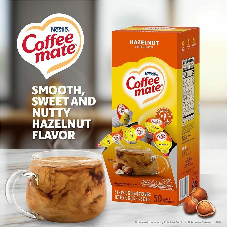Coffee mate Hazelnut Nondairy Liquid Creamer Singles - Artificial Hazelnut Flavor - 0.38 fl oz (11 mL) - 50 Serving - 50/Box - 4 / Carton