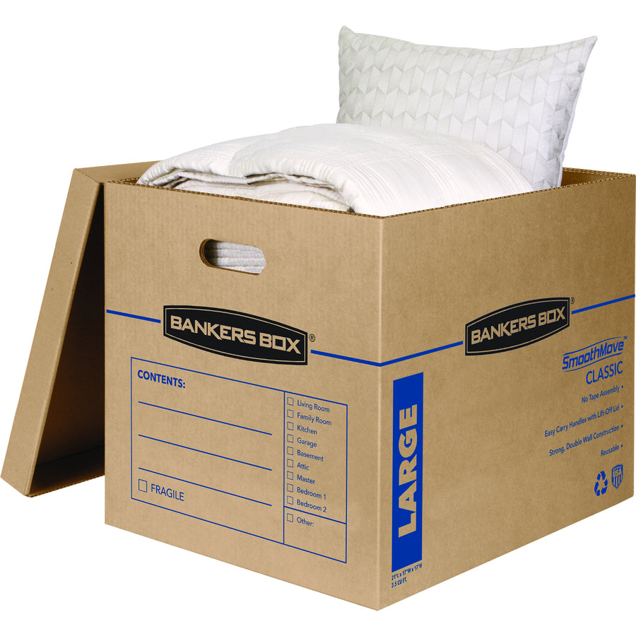 Bankers Box SmoothMove Moving Boxes - Internal Dimensions: 17" Width x 21" Depth x 17" Height - External Dimensions: 17.6" Width x 22.3" Depth x 17.4" Height - Lift-off Closure - Corrugated Paper - Kraft - Recycled - 5 / Carton