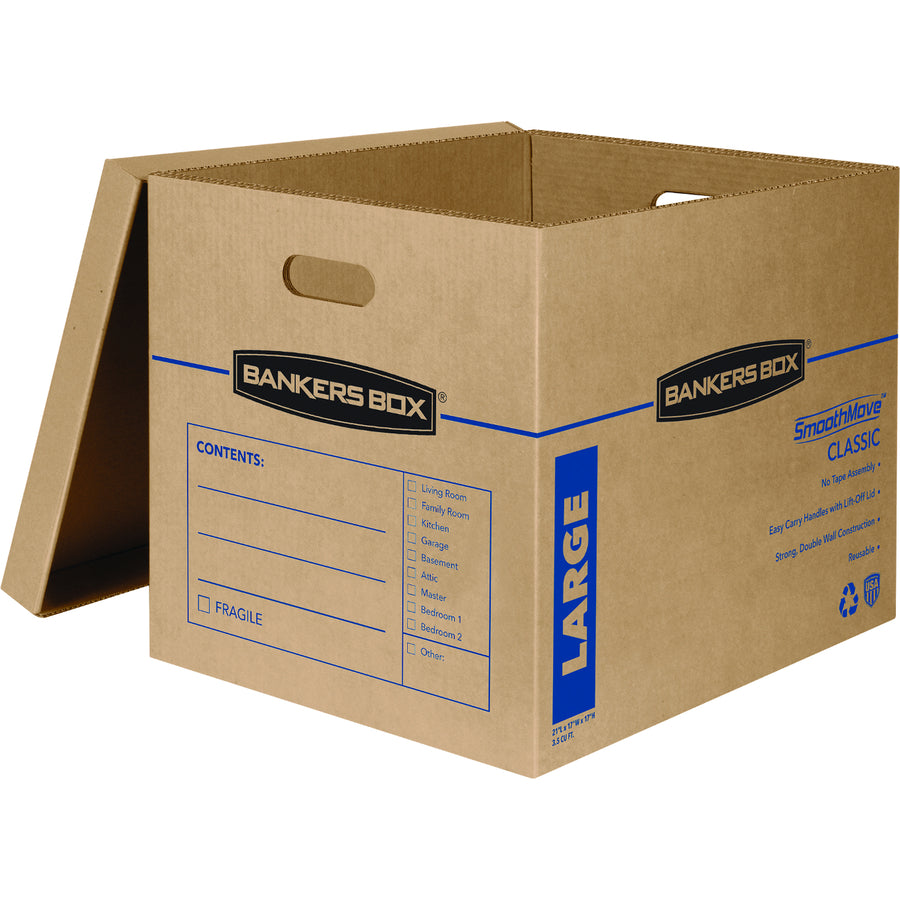 Bankers Box SmoothMove Moving Boxes - Internal Dimensions: 17" Width x 21" Depth x 17" Height - External Dimensions: 17.6" Width x 22.3" Depth x 17.4" Height - Lift-off Closure - Corrugated Paper - Kraft - Recycled - 5 / Carton
