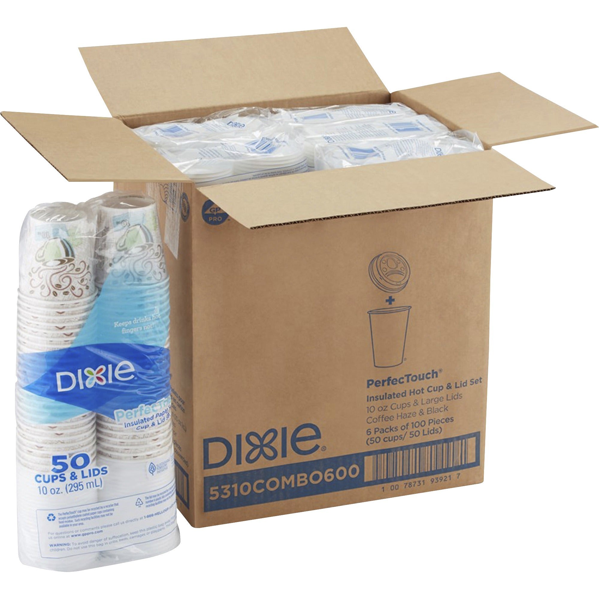 Dixie PerfecTouch 10 oz Hot Coffee Cup and Lid Sets by GP Pro - 10 fl oz - White - Coffee, Hot Drink, Beverage - 50/Pack - 6 / Carton