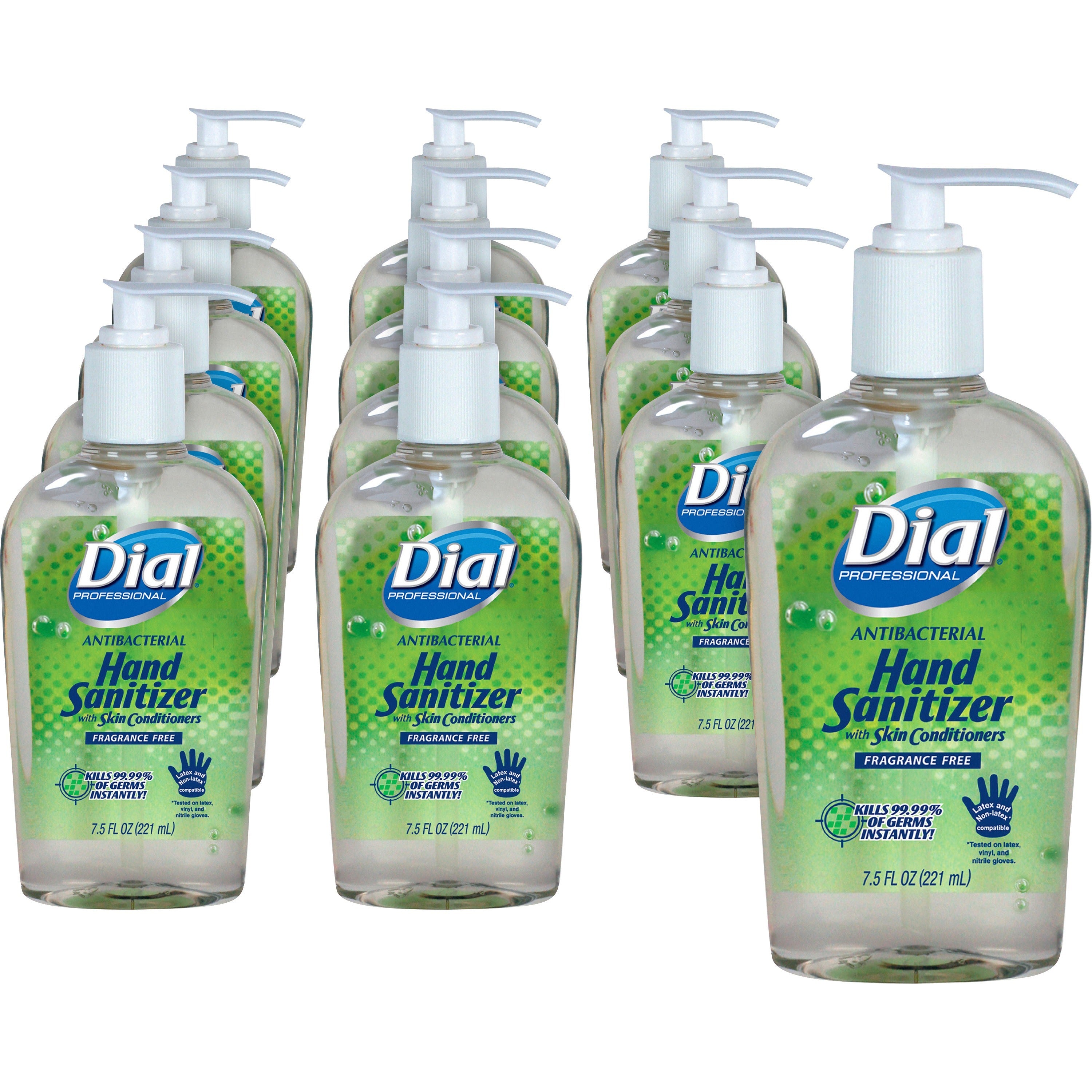 Dial Antibacterial Hand Sanitizer, 7.50 fl oz Pump Bottle, Fragrance-Free, Dye-Free, Moisturizing, Clear, 12/Carton